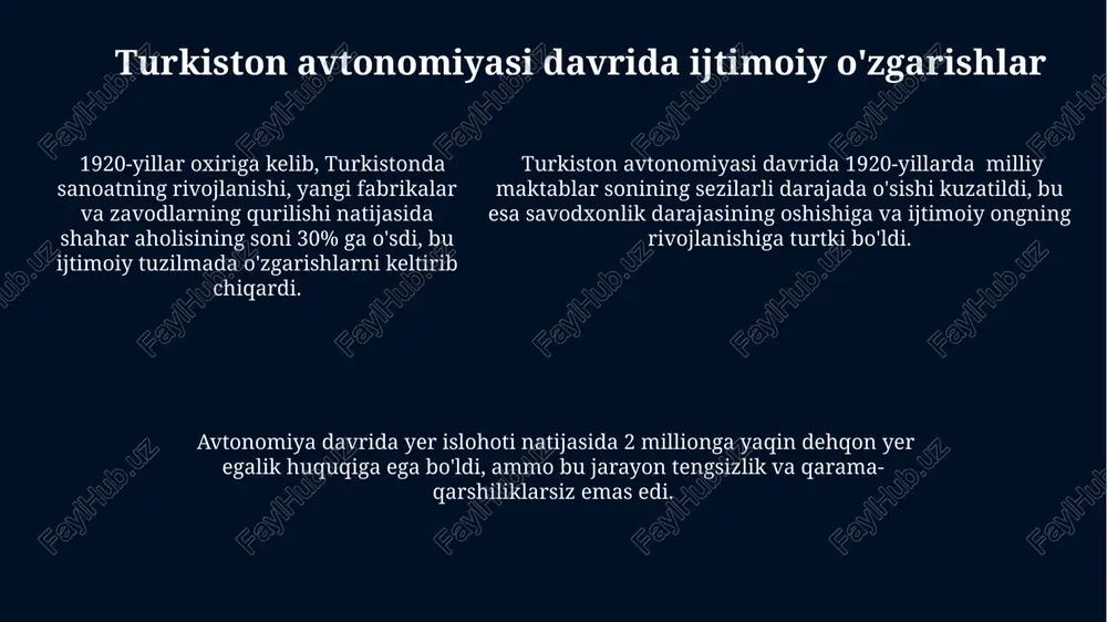chilik, xususan, kulolchilik, yog'och o'ymakorligi va zargarlik san'ati rivojlanishiga davlat tomonidan 5 dan ortiq dastur moliyalashtirilgan. turkiston avtonomiyasi davrida samarqanddagi registon maydonidagi binolarning ta'mirlash va tiklash ishlari 30 dan ortiq mutaxassisni jalb qilgan. turkiston avtonomiyasi davrida 1920-yillarda qurilgan masjidlar va madrasalarning me'moriy uslubi mahalliy an'analar bilan rus konstruktivisti elementlarini uyg'unlashtirgan. iqtisodiyot va qishloq xo'jaligi turkiston avtonomiyasi davrida paxta yetishtirish 30% ga oshgan bo'lib, bu umumiy qishloq xo'jaligi mahsulotining 60% ni tashkil etgan. avtonomiya davrida sug'orish kanallari qurilishi 20% ga oshganligi natijasida dehqonchilik unumdorligi sezilarli darajada yaxshilandi. chor rossiyasi davrida turkistonda sanoatning rivojlanishi past bo'lib, yalpi ichki mahsulotning atigi 15% ni tashkil qilgan. turkiston avtonomiyasining kuchli va kuchsiz tomonlari turkiston avtonomiyasi 1917-1920 yillar oraligʻida qisqa muddatli boʻlib, siyosiy barqarorlikning yoʻqligi va ichki ziddiyatlar tufayli samarali boshqaruvni amalga oshira olmadi. avtonomiya davrida iqtisodiyotning asosiy tarmoqlari, masalan, paxtachilik va chorvachilik, 20% ga qadar pasaygan, bu esa aholining hayot darajasiga salbiy taʼsir koʻrsatdi. turkiston …