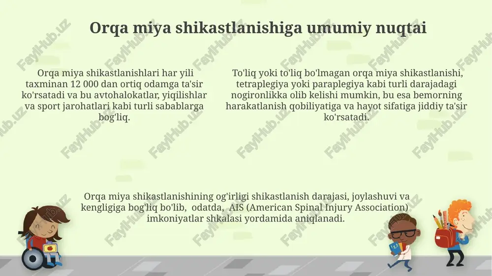 ) yoki qisman (qisman kesilgan) bo'lishi mumkin, bu esa funktsiyaning yo'qolishi darajasini va shikastlanishning og'irligini aniqlaydi. masalan, c5-c7 darajalarida shikastlanish qo'llarni harakatlantirish qobiliyatini cheklaydi. orqa miya shikastlanishlari to'liq (to'liq kesilgan) yoki qisman (qisman kesilgan) bo'lishi mumkin, bu esa funktsiyaning yo'qolishi darajasini va shikastlanishning og'irligini aniqlaydi. masalan, c5-c7 darajalarida shikastlanish qo'llarni harakatlantirish qobiliyatini cheklaydi. shikastlanish darajasi shikastlanish darajasi, shuningdek, segmentar daraja va vertebra darajasiga qarab aniqlanadi, masalan, c5-c6 shikastlanishi bo'yin umurtqasining 5 va 6-segmentlarida joylashgan bo'ladi. bu qo'l va oyoq-qo'l funksiyasiga ta'sirini aniqlashda muhimdir. sensorli va motorli funksiyalarning yo'qolishi shikastlanish darajasini aniqlashda muhim rol o'ynaydi; masalan, c7 darajasidagi shikastlanish bilak fleksiyasi va ekstenziyasi qobiliyatining yo'qolishiga olib kelishi mumkin. shikastlanish darajasi to'liq (a) yoki to'liq bo'lmagan (b, c, d) bo'lishi mumkin, bu esa shikastlanishdan keyin qolgan funksiyaning darajasini bildiradi va 5 darajali amerika shikastlanish assotsiatsiyasi (asia) shkalasi bo'yicha baholanadi. fizioterapiya fizioterapiya dasturlari, bemorning individual ehtiyojlariga qarab, terapevt tomonidan shaxsiylashtiriladi, 6-12 oy davomida …