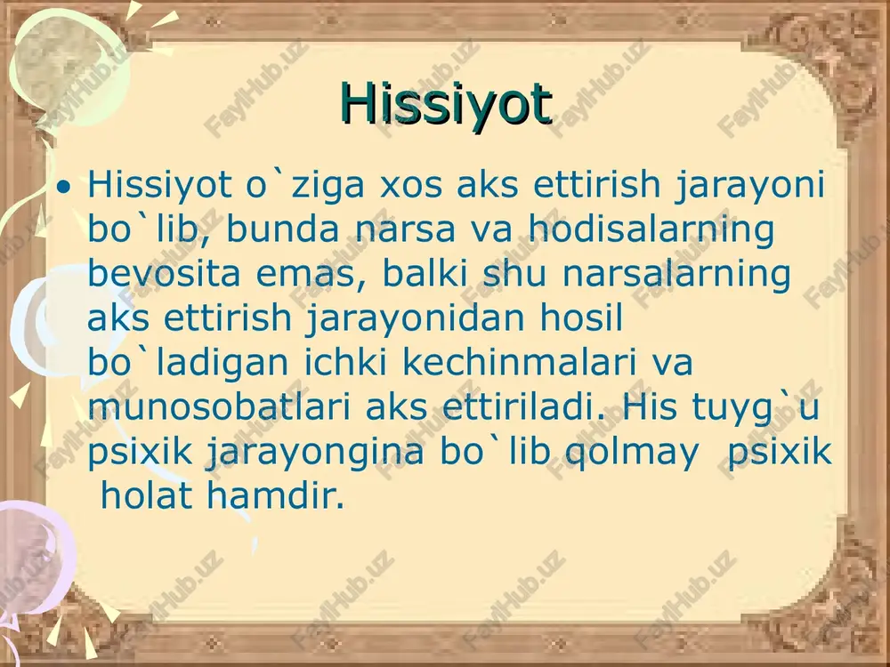 insonning turli ruhiy holatlari aks etgan 15-20 ta fotosurat kerak bo`ladi. uning orqasiga inson qanday hisni kechirayotganligi yozib quyiladi. shu bilan birga bir xil uzunlikdagi turli kinosyujetlardan ham foydalanish mumkin. tajribaning birinchi qismida tekshiriluvchilar fotosuratga qarab-ixtiyoriy his-tuyg`ularni baholaydilar. ikkinchisida esa kinosyujetdagi ixtiyorsiz kechinmalarni ta`riflaydilar. har ikki tajriba natijalarini taqqoslash orqali hissiyotlarning ifodalanishidagi umumiy va farq qiluvchi tomonlarni aniqlash mumkin. anglangan his-tuyg`ular haqidagi ma`lumotni olish uchun o`zining hissiy holatlari haqida hisobot berish metodidan foydalanish mumkin. bu metod hissiyotlarni paydo bo`lish sababi, sub`ekt tomonidan o`z ruhiy holatlarini idrok qilish xususiyati, hukmron hislar, psixik faoliyatda biror buzilishni his qilish yoki qilmasligi kabi holatlarni aniqlash imkonini beradi. bu metodning afzalligi tekshiriluvchi o`zi lozim deb topgan barcha ma`lumotlarni etkazadi, kamchiligi esa hissiyotlarni o`lchash imkoniyati mavjud emas. shunday paytda avvaldan belgilangan maxsus shkalalardan foydalanish maqsadiga muvofiq bo`ladi. emotsional holatlar shkalasi quyidagicha: kuchli salbiy holatlar - kuchli qoniqmaslik, nafrat, afsuslanish, dahshatga tushish. kuchsiz salbiy holatlar - kuchsiz …