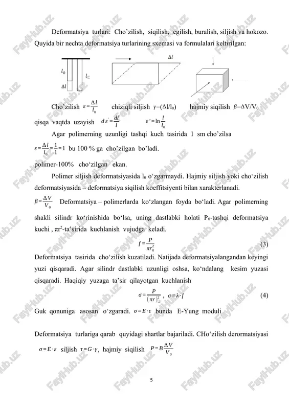 aqtida deformatsiya to’liq amalga oshishga ulgurmaydi va oqibatda deformatsiya miqdori muvozanatli miqdordan kichik bo’ladi. shuningdek kuchlanish oshsa vaqt cheklanganligi tufayli deformatsiya qayta tiklanishga to’liq amalga oshishiga ulgurmaydi . bunda deformatsiya miqdori muvozanatli miqdordan katta bo’ladi. natijada nomuvozanatli deformatsiya o’zgarishlarida kuchlanish cho’zilish bog’lanish grafigi bir-biriga mos kelmaydi. rasm.4.2.6. bu bog’lanish halqasi-gisterezes halqasi deb yuritiladi. gistirezes halqasining yuzasi - ikkita kuchlanish ta’sir etganda va kuchlanishni olib tashlaganda bajarilgan ishlar orasidagi farq ekan. sarflangan energiya issiqlikka aylanadi, kuchlanish o’zgaruvchan bo’lsa, sinusoidal qonun bo’yicha o’zgaradi . sarflangan ish a=π𝜎0 ε0 sinφ ga teng bo’ladi . ish qancha katta bo’lsa, kuchlanish va deformatsiya orasidagi farq shunchalik katta bo’ladi. 2. polimerlarning strukturaviy tuzilishi polimerlarda makromolekulararo tuzilishiga qarab amorf va amorf-kristall tuzilishlarga ajraladi. ularning shakllari turlicha: monokristall, lamella , sferolet, fibrilla turlarga bo’linadi. kristall holatda polimerlar uzoq tartibli tuzulishga ega bo’ladi. bir necha o’nlab hatto yuzlab zanjirli bog’lanish bir xil geometrik holatga jipslashadi. o’zaro bir xil kuchlar …