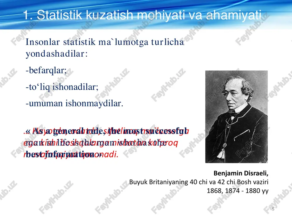 axassislar boshlangʻich hisob xujjatlari joriy mikroiqtisodiy statistika tuzilish davri (hisobot davri) ga qarab joriy hisobot yillik hisobot yuborish usuliga qarab elektron pochta hisoboti pochta hisoboti telegrafli hisobot umumlashtirish darajasiga qarab birlamchi hisobot toʻplama hisobot xarakteriga qarab umum tipli namuna viy hisobot ixtisos- lashgan hisobot davlat statistika hisoboti turlari 6. statistik kuzatishning oʻziga xos jihatlari statistik kuzatishga quyidagi asosiy talablar qoʻyiladi: - statistik ma`lumotlarning toʻliqligi va amaliy qadrliligi; - ma`lumotlarning ishonchliligi va aniqligi; - ularning oʻxshashligi va oʻzaro solishtirish mumkinligi. kuzatish xatolari rasmiylashtirish xatolari mazmuniy (dasturiy) xatolar reprezentativlik xatolar tasodifiy xatolar muntazza m xatolar g'arazli xatolar begʻaraz xatolar tasodifiy xatolar muntazam xatolar qayd qilish xatolari arifmetik xatolar qoʻshib yozishlar haqiqatni yashirishlar tasodifiy xatolar muntazza m xatolar 7. statistik kuzatish xatolari va ularni aniqlash yoʻllari laplas tasnifi • aa - haqiqatni u biladi (qayd qilish xatolari) • ab - haqiqatni u bilmaydi respondent xaqiqatni aytmoqchi (tasodifiy xatolar) - a • ba - …