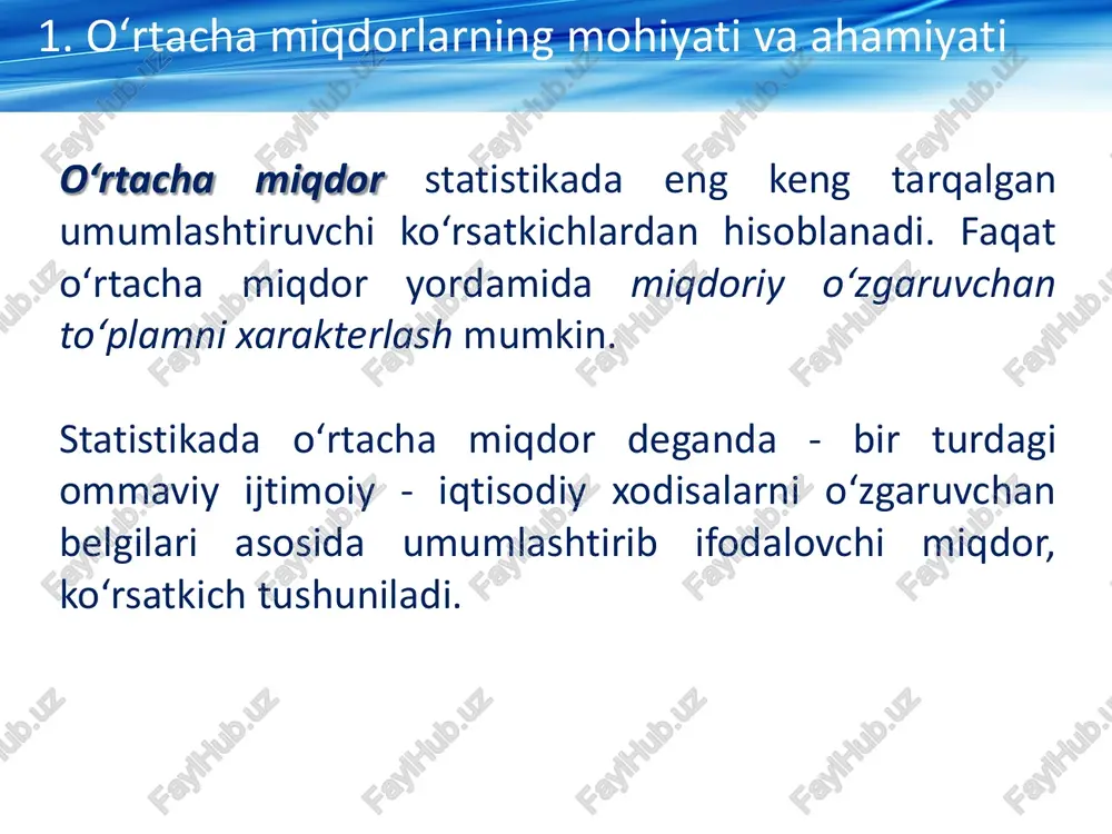 1 21 21 .       n i i garm x n x 1 1 oʻrtacha tortilgan garmonik miqdor oʻrtalashtirilayotgan miqdorlar har xil vaznga (wi) ega boʻlgan taqdirda qoʻllaniladi va quyidagicha hisoblanadi: oʻrtacha garmonik miqdorlar va ularning qoʻllash shart-sharoitlari. ; ......... ........... 1 1 3 3 2 2 1 1 321         n i i i n i i n n n garm.tort. x w w x w x w x w x w wwww x agar belgining hajmi va toʻplam soni ma'lum boʻla turib, ayrim darajalari noma'lum boʻlsa, u holda agregat oʻrtacha formula qoʻllanadi, ya'ni oʻrtacha garmonik miqdorlar va ularning qoʻllash shart-sharoitlari.      n i i n i i f m x 1 1 7. moda va mediana, ularni taqsimot qatorlarida hisoblash tartibi. tuzilmaviy oʻrta koʻr-satkichlar deganda taqsimot qatorida ma'lum oʻrinda joylashgan variant qiymati …