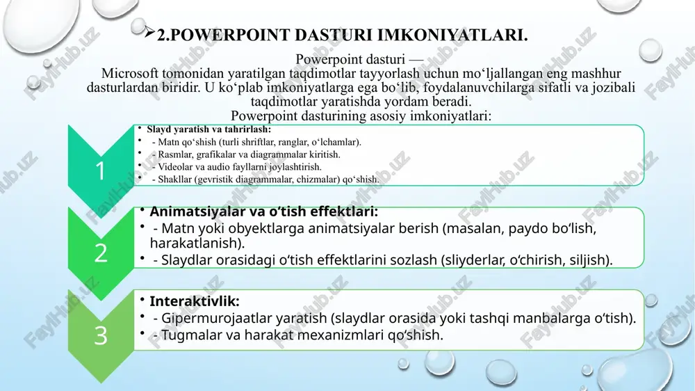 siyalarni yaratish va ulardan qanday foydalanishni o‘rgataman: 1. animatsiya qo‘shish slaydni tanlash: powerpointdagi slaydni tanlang, unga animatsiya qo‘shmoqchi bo‘lsangiz. obyektni tanlash: animatsiya qo‘shmoqchi bo‘lgan obyektni (matn, rasm, shakl, video va boshqalar) tanlang. animatsiyalar paneli: "animatsiyalar" tabini oching. bu yerda turli animatsiya effektlari mavjud. animatsiya effektini tanlash: animatsiyalar ro‘yxatidan kerakli effektni tanlang. masalan, "fly in", "fade", "wipe" va boshqalar. 2. animatsiya parametrlarini sozlash animatsiya effektini sozlash: tanlangan animatsiya uchun qo‘shimcha sozlamalar mavjud. misol uchun, animatsiyaning boshlanish vaqti, tezligi, davomiyligi va boshqalar. start (boshlash): animatsiya qachon boshlanishini belgilash mumkin: on click (klik bilan) with previous (oldingi animatsiya bilan birgalikda) after previous (oldingi animatsiyadan keyin) duration (davomiylik): animatsiyaning davomiyligini sozlash uchun bu parametrni o‘zgartiring. 3. animatsiyalarni tartibga solish animation pane: "animatsiyalar" panelidan "animation pane"ni ochish orqali barcha animatsiyalarni ko‘rish va ularni tartibga solish mumkin. bu yerda animatsiyalarni ko‘rsatilgan tartibda o‘zgartirish, qo‘shish yoki o‘chirish mumkin. tartibni o‘zgartirish: animatsiyalarni yuqoriga yoki pastga siljitib, tartibini o‘zgartiring. …