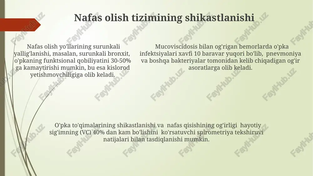 g'liq. mukovissidoz diagnostikasi mukovissidoz diagnostikasi yangi tug'ilgan chaqaloqlarda skrining orqali, terdagi xlorid miqdorini aniqlash yo'li bilan amalga oshiriladi, bu erda 60 mmol/l dan yuqori ko'rsatkichlar kasallikka shubha qildirish mumkin. genetik tahlil, cftr geni mutatsiyalarining mavjudligini aniqlash uchun o'tkaziladi, bu diagnostika usuli 1000 dan ortiq turli xil mutatsiyalarni aniqlash imkoniyatini beradi. genetik tahlil, cftr geni mutatsiyalarining mavjudligini aniqlash uchun o'tkaziladi, bu diagnostika usuli 1000 dan ortiq turli xil mutatsiyalarni aniqlash imkoniyatini beradi. reproduktiv tizimning shikastlanishi reproduktiv tizimning shikastlanishi natijasida 10-15% hollarda erkaklarda spermatogenez buzilishi kuzatilib, bepushtlikka olib keladi. genetik mutatsiyalar sababli, taxminan 2% hollarda reproduktiv organlarning tug'ma nuqsonlari kuzatiladi, ularning 30%i bepushtlikka olib keluvchi jiddiy anomaliyalar hisoblanadi. ayollarda esa, gormonal nomutanolik sababli, 5-10% hollarda ovulyatsiya jarayoni buziladi, bu esa bepushtlikka va homiladorlikning murakkablashishiga olib kelishi mumkin. mukovissidozning oldini olish mukovissidozning oldini olishda genetik maslahatlashuv juda muhim, chunki kasallikning 25% holatlari avlodlar orqali o'tadi va erta tashxis qo'yish davolash samaradorligini oshiradi. homiladorlik …