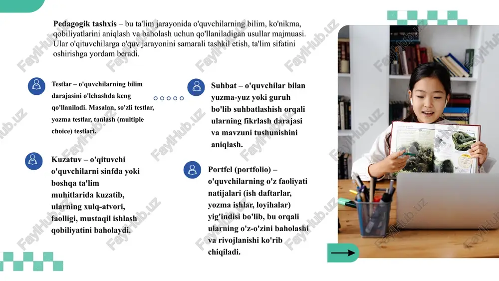 malaka oshirish kurslari tashkil etish. tashxis usullarini takomillashtirish: tashxis usullariga oid ilmiy-tadqiqot ishlarini kuchaytirish, yangi va samarali usullarni ishlab chiqish hamda amaliyotga joriy etish. yagona yondashuvni yaratish: tashxis jarayoniga yagona yondashuvni joriy etish va ushbu usullarni o'quvchilar uchun moslashuvchan bo'lishini tekshirishdan tashqari nazorat o’z ichiga baholashni (jarayon sifatida) va bahoni (natija sifatida) ham oladi. baholash deb bilim, ko’nikma va malakalarni o’quv dasturida ko’rsatilgan etalon (ko’rstakich, qolip, o’lchagich)lar bilan solishtirishni aytamiz. baho deb baholashning ball shaklida ko’rsatilgan son jihatdan o’lchamiga aytiladi. bahoni amalda egallangan bilim, ko’nikma va malakalar bilan davlat ta’lim standartiga ko’ra o’zlashtirilishi belgilangan bilim, ko’nikma va malakalar umumiy hajmi o’rtasidagi nisbat sifatida tushunish (ta’riflash)dan ta’lim darajasining miqdoriy mazmuni kelib chiqadi. o’zlashtirish (ta’lim samaradorligi) ko’rsatkichi b’a/t*100% nisbat asosida hisoblanadi. bunda: b – o’zlashtirish (ta’lim samaradorligi) bahosi; a – amalda o’zlashtirilgan bilim va malakalarning hajmi; t – o’zlashtirish uchun taklif etilgan bilim va malakalarning to’liq hajmi. shuningdek, ta’lim olganlikni tashxislash vaqtida …
