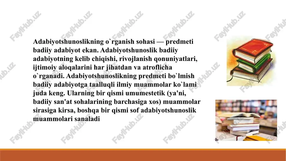 ijtimoiy munosabatlarni oʻzida aks ettirgan va badiiy tasvir vositalari orqali ochib beriladigan asardir. uning asosiy vazifasi — oʻquvchining madaniy va maʼnaviy salohiyatini oshirish, fikrlash doirasini kengaytirish, turli vaziyatlardan chiqish yoʻllarini oʻrgatish va hayotning mazmunini tushunishga yordam berish. badiiy asarlar odamlarning ichki dunyosini ifodalaydi va keng fikrlashga undaydi. 25 badiiy asarlarning asosiy xususiyatlari: badiiy tasvir: badiiy asarlar voqelikni hayotiy tasvirlar, obrazlar orqali aks ettiradi. inson va jamiyatni aks ettirish: ular insonning ichki dunyosini, ruhiy kechinmalarini, ijtimoiy hayotdagi munosabatlarini koʻrsatadi. maʼrifiy va tarbiyaviy rol: badiiy asarlar oʻquvchining madaniy va maʼnaviy kamolotiga hissa qoʻshadi, dunyoqarashini boyitadi. 1.adabiyot tarixi masalalariga bag`ishlangan qaysi asarlarni bilasiz? maktabda olgan ma'lumotlaringizni eslang. 2. adabiyotshunoslikning asosiy tarkibiy qismlari orasidagi o`zaro bog`liqlik, uzviy aloqani tushuntirib bering. 3.“tanqidchi” deganda kimni tushunasiz? tilimizdagi “tanqid qilmoq” fe'li, masalan, “birovni tanqid qilmoq” bilan “badiiy asarni tanqid qilmoq” tushunchasi orasida farq qanday? 4. “matnshunoslik faoliyati adabiyotshunoslik, tilshunoslik va tarix fanlari kesishgan nuqtada kechadi” degan fikrni …
