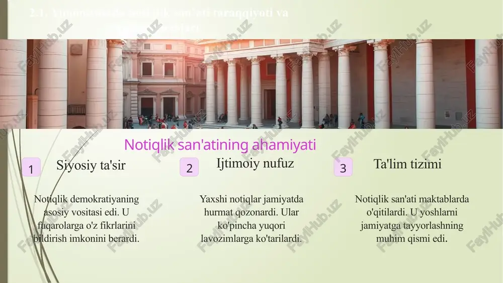 in vatanparvar. 16 uch buyuk notiq faoliyatining qiyosiy tahlili arastu nazariyotchi. ritorikaning ilmiy asoslarini yaratdi. uning g'oyalari universal ahamiyatga ega. sitseron nazariya va amaliyot uyg'unligi. rim notiqlik maktabini yaratdi. uslub ustasi sifatida tanildi. demosfen amaliyotchi. shaxsiy tajribaga asoslangan. siyosiy notiqlikning yorqin namoyandasi bo'ldi. 2.4. demosfen - beqiyos notiq, otashin vatanparvar. 17 2.5. o‘rta osiyoda voizlik va uning turlari. o‘rta osiyoda ifodali o'qish san’atining taraqqiy etishida “avesto”, “bundaxishn”, “dinkard” kabi diniy xarakterdagi asarlarning ahamiyati katta bo‘lgan. inson axloqini poklashga qaratilgan ushbu asarlar ko‘proq og‘zaki ijrochilik vositasida xalq orasiga kirib borganligi ma’lum. jumladan, “avesto”ning asosiy mohiyatini tashkil etgan “ezgu fikr, ezgu so‘z, ezgu amal” ta’limotini xalq o‘rtasida targ‘ib qilib, odamlar qalbida ezgulik tuyg‘ularini uyg‘otishda kohinlarning xizmati beqiyos edi. kohinlar faqat din targ‘ibotchilari sifatidagina emas, balki ifodali so‘z sehri bilan mo‘jizalar ko‘rsatuvchi san’atkor ijrochilar sifatida ham shuhrat qozonganlar. ular “avesto”dagi ibodat qo'shiqlarini, ahura mazda so‘zlarini, afsona va rivoyatlami yorqin nutq, ifodali so‘z va …