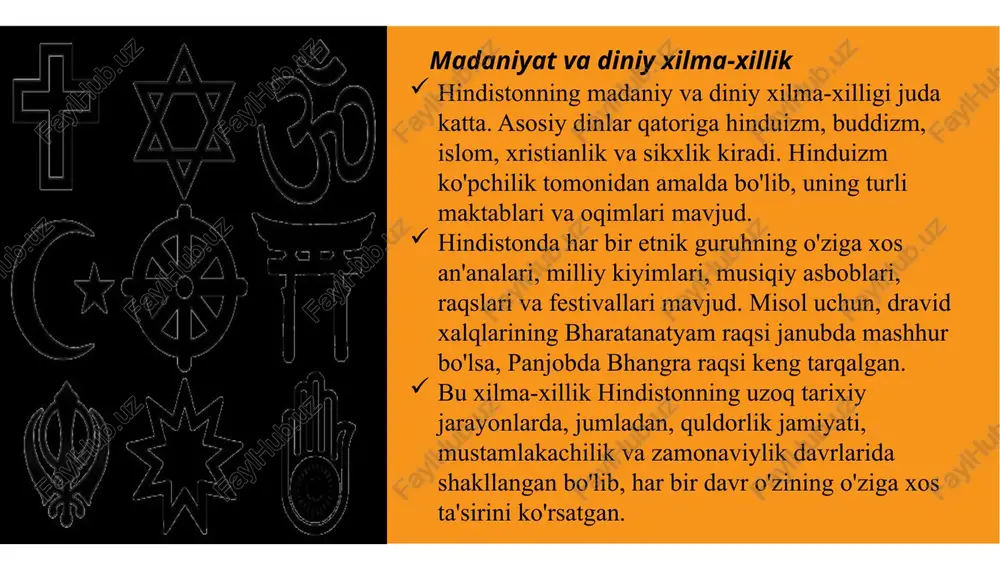 . bengal tili, telugu, marathi, tamil, urdu kabi ko'plab mintaqaviy tillar ham bor. hindistonning moddiy madaniyati 1. me'morchilik qadimiy ibodatxonalar va yodgorliklar: hindistonda ko'plab qadimiy ibodatxonalar va me'moriy yodgorliklar mavjud, masalan, taj mahal, ajanta va ellora g'orlari, qutub minor, va konark quyosh ibodatxonasi. mugal davri: mugal imperiyasi davrida islom me'morchiligi, ayniqsa marmar va gumbazli inshootlar rivojlangan. taj mahal bunga eng yaxshi misoldir. janubiy hindiston ibodatxonalari: dravid me'morchiligi o'ziga xos xususiyatlarga ega bo'lib, katta gopuramlari (ibodatxona minoralari) va batafsil bezaklar bilan tanilgan. 2. amaliy san'at va hunarmandchilik matolar va to'qimachilik: hindiston sari, silk matolar va qo'lda to'qilgan mahsulotlari bilan mashhur. banarasi ipak, kanjivaram sari va pashmina eng mashhur to'qimachilik mahsulotlaridan biridir. zargarlik buyumlari: hindiston qadimdan zargarlik mahsulotlari ishlab chiqarish an'anasiga ega. kundan va meenakari uslubidagi zargarlik buyumlari o'ziga xos dizaynlari bilan tanilgan. keramika va kulolchilik: qadimiy va zamonaviy kulolchilik an'analari saqlanib qolgan. oyningil va sopol buyumlar hindistonning ko'plab mintaqalarida ishlab chiqariladi. …