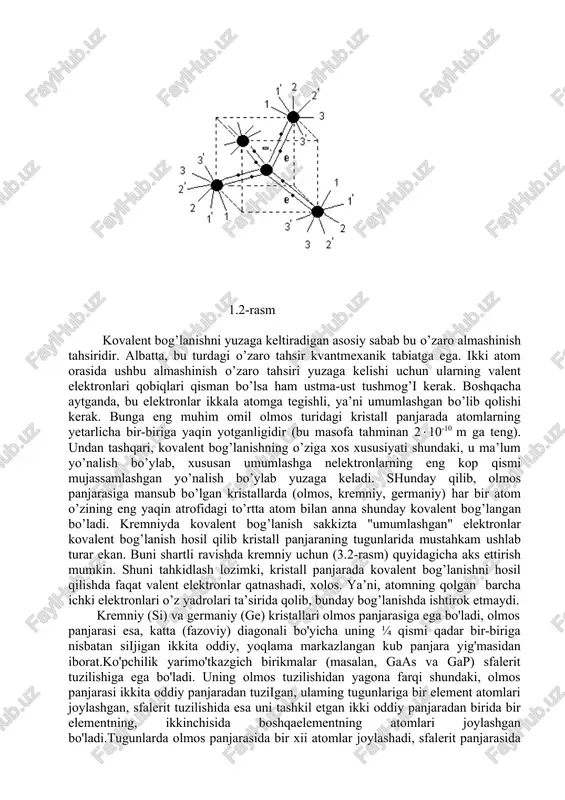 ususiyati – ular elektrik o’tkazuvchanligining temperaturaga o’tasezgirligidir. bunday bog’lanishni quyidagicha ifodalash mumkin: (=v∙ex’(-wa / kt) bu yerda, (- berilgan t- temperaturadagi elektrik o’tkazuvchanlik, v- o’zgarmas doimiy, wa – zaryad tashuvchilarning faollanish energiyasi, k - boltsman doimiysi, t- mutlaq temperatura. chunonchi, yarimo’tkazgichning temperaturasi 10c ga o’zgarganda uning elektrik o’tkazuvchanligi 5-6( ga o’zgarishi mumkin. juda ko’plab yarimo’tkazgichlarga va ular asosida yasalgan asboblarga yorug’lik, ionlovchi nurlar va shu kabilarning ta’sirlari ham elektrik o’tkazuvchanlikning keskin o’zgarishiga olib keladi. bunga turli yarimo’tkazgich detektorlarni, yorug’lik diodlarini, yorug’lik rezistorlarini va qator boshqa asboblarni ham misol qilib ko’rsatish mumkin. shuni eslatib o’tish joizki, yarimo’tkazuvchanlik xossasi faqat qattiq jismlargagina xos bo’lmay, suyuq holatdagi organik birikmalardan iborat shishasimon, amorf tuzilishga ega bo’lgan yarimo’tkazgichlar ham shunday xossalarga egadirlar. ular o’zlarining bir qator ma’lum kamchiliklari tufayli hozirch atexnikada keng tatbiq qilinganicha yo’q. qattiq jismlardan yarimo’tkazgich xossasiga ega bo’lgan moddalar qatoriga juda kop turli moddalar, masalan, kremniy, germaniy, bor, olmos, fosfor, oltingugurt, selen, …