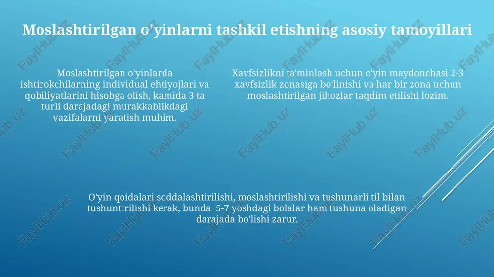sadida moslashtirish, muvaffaqiyat hissiyotini kuchaytirish uchun mukofot tizimini joriy etish tavsiya etiladi. o'yin qoidalarini 2-3 yoshgacha bo'lgan bolalar uchun moslashtirishda, murakkab harakatlarni sodda, takrorlanuvchi harakatlar bilan almashtirish va raqobat elementlarini minimallashtirish kerak. moslashtirilgan o'yinlarning turlari va ularning xususiyatlari kognitiv qobiliyatlarni rivojlantirishga qaratilgan moslashtirilgan o'yinlar, masalan, mantiqiy topshiriqlar va xotira o'yinlari, 10 dan ortiq variantda taklif etilib, qatnashchilarning yoshi va bilim darajasiga qarab murakkablik darajasi sozlanadi. moslashtirilgan o'yinlar 3 asosiy turga bo'linadi: jismoniy faoliyat darajasi past, o'rta va yuqori bo'lgan o'yinlar, har bir tur o'yinchi soni va maydon o'lchamlariga mos ravishda 2-5 kishi yoki undan ko'p ishtirokchilar uchun moslashtiriladi. moslashtirilgan o'yinlar 3 asosiy turga bo'linadi: jismoniy faoliyat darajasi past, o'rta va yuqori bo'lgan o'yinlar, har bir tur o'yinchi soni va maydon o'lchamlariga mos ravishda 2-5 kishi yoki undan ko'p ishtirokchilar uchun moslashtiriladi. xavfsizlik choralari va ehtiyotkorlik tadbirlari o'yin maydonchasini 2-3 marta tekshirib, har qanday xavfli narsalar (singan shisha, o'tkir buyumlar) mavjudligini …