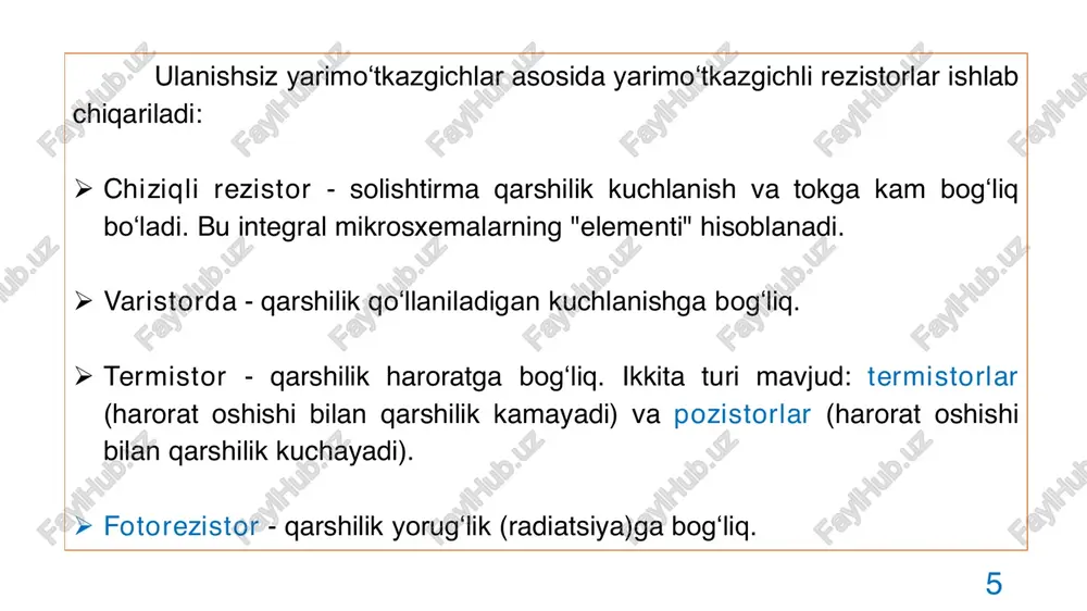 lanish, ik.max kollektor toki. 17 tiristorlarning shartli - grafik belgilanishi 18 dinistorlar (ikki elektrodli) – an’anaviy to‘g‘irlagich diodlar kabi, ular anod va katodga ega. to‘g‘ri kuchlanishning ma’lum bir qiymatda ua=uulash ortishi bilan dinistor ochiladi. tiristorlar (trinistorlar - uch elektrod) - qo‘shimcha nazorat elektrodiga ega; uulash nazorat elektrodi orqali o‘tadigan nazorat toki bilan o‘zgartiriladi. tiristorni yopiq holatga o‘tkazish uchun teskari kuchlanishni (- anodga, + katodga) qo‘llash yoki to‘g‘ri tokni ushlab turish toki iush.tur. deb ataladigan qiymatdan pastga tushirish kerak. 19 qulflanadigan tiristor - teskari qutbli boshqarish impulsini qo‘llash orqali yopiq holatga o‘tkazilishi mumkin. simistrlar (simmetrik tiristorlar) - har ikki yo‘nalishda ham tok o‘tkazadi. tiristorlar avtomatika qurilmalarida va elektr tokini o‘zgartirgichlarda kontaktsiz kalitlar va boshqariladigan to‘g‘irlagichlar sifatida ishlatiladi. o‘zgaruvchan va impulsli tokli sxemalarda tiristorning ochiq holati vaqtini va shuning uchun yuklama orqali tokning o‘tish vaqtini o‘zgartirish mumkin. bu yuklamada ajralib chiqadigan(iste’mol qilinadigan) quvvatni nazorat qilish imkonini beradi. 20 eʼtiboringiz uchun rahmat! e-mail: …