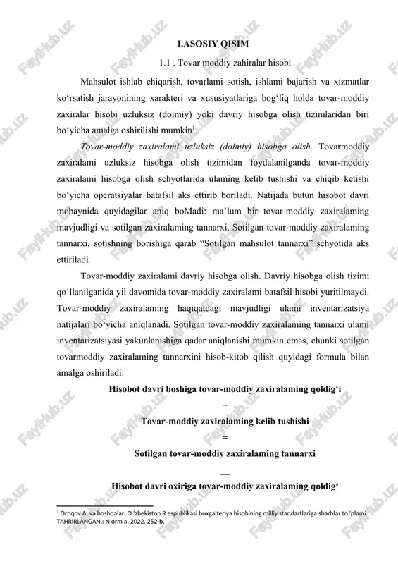 am ing o‘sishi zaxiralam ing kamayishi 2810 9150 9150 2810 2810 9150 9150 2810 d) tovarlar: zaxiralam ing o'sishi zaxiralam ing kamayishi 2900 9150 9150 2900 2900 9150 9150 2900 3 h isobot davrining oxirida 9140 “davriy hisobda tm z sotib olish / xarid qilish” schyotining yopilishi 9910 9140 9910 9140 4 h isobot davri oxirida 9150 “d avriy hisobda tm z b o ‘yicha tuzatishlar” schyotining yopilishi 9910 9140 9910 9140 1.2 . tovar moddiy zahiralar turkumlash va baholash iqtisodiyotni modemizatsiyalash sharoitida korxonalarda tovarmoddiy zaxiralaridan foydalanish ustidan nazoratni kuchaytirish, ulaming oqilona sarflanishiga rioya qilish, mahsulot tannarxida moddiy xarajatlarning salmog‘ini minimallashtirish masalalariga alohida e’tibor beriladi. tovar- moddiy zaxiralar tayyorlash jarayonida turgan turallanmagan ishlab chiqarish va yarim tayyor mahsulotlar xomashyo va materyallar tayyor mahsulot va tovarlar 2- jadval tovar-moddiy zaxiralar tarkibi ishlab chiqarish zaxiralari - xo‘jalik yurituvchi subyektda keyinchalik qayta ishlashga yo‘naltirilgan sotib olingan yoki mustaqil ravishda tayyorlangan buyumlardir[footnoteref:2]. [2: financial …