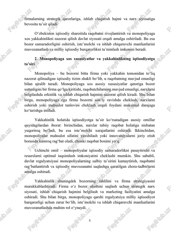 a soluvchi davlat siyosati bir necha asosiy yo‘nalishda amalga oshiriladi. birinchidan, monopoliyaga qarshi qonunchilik va regulyator organlar orqali yakkahinning bozorga ta’sirini nazorat qilish. ikkinchidan, kichik va o‘rta biznesni qo‘llab-quvvatlash orqali bozorga yangi ishtirokchilarni jalb qilish. uchinchi, raqobatni rag‘batlantiruvchi soliq va moliyaviy imtiyozlar orqali firmalarni samarali ishlashga undash. davlat siyosati shuningdek narxlarni monitoring qilish, tarmoq effektlarini baholash, bozor ulushini tekshirish va strategik qarorlarni nazorat qilishni ham o‘z ichiga oladi. shu orqali, monopoliyalar tomonidan narxlarni sun’iy oshirish, ishlab chiqarishni cheklash yoki iste’molchi manfaatlarini cheklash kabi salbiy holatlar oldi olinadi. shu bilan birga, davlat regulyatsiyasi innovatsiyalarni rag‘batlantirish va milliy iqtisodiy barqarorlikni ta’minlashga xizmat qiladi. quyidagi jadvalda davlatning raqobatni tartibga solish bo‘yicha asosiy vositalari va ularning iqtisodiyotga ta’siri keltirilgan: davlat siyosati vositasi maqsadi iqtisodiyotga ta’siri monopoliyaga qarshi qonunchilik yakkahinning salbiy ta’sirini kamaytirish narxlar barqarorligi, iste’molchi manfaatlarini himoya qilish kichik va o‘rta biznesni qo‘llab-quvvatlash bozorga yangi ishtirokchilarni jalb qilish raqobatni oshirish, innovatsiyalarni rag‘batlantirish soliq va …