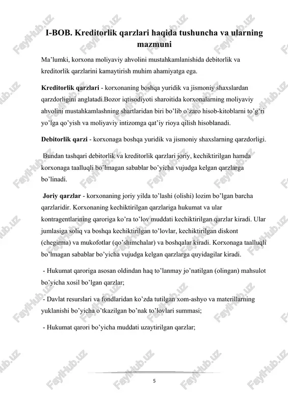 joriy etish topshirildi. hozirgi vaqtda o’zbekiston respublikasi prezidentining 1996 yil 24 yanvardagi farmoniga binoan tijorat banklarining rahbarlari ham korxona va tashkilotlar rahbarlari bilan birgalikda xo’jalik sub’ektlarida muddati o’tgan debitorlik va kreditorlik qarzlarini tashkil bo’lishiga shaxsan javobgardirlar. [footnoteref:3] [3: https://lex.uz o’zbekiston respublikasi prezidentining 1995 yil 12 maydagi farmoni] korxonalarning mablag’larini muomiladan chiqishiga, o’z aylanma mablag’larining etishmasligiga sabab bo’ladi, natijada bu o’z mablag’lari etishmasligi tufayli kreditorlik qarzini oshishiga olib keladi va pirovard natijada korxona moliyaviy ahvolini yanada yomonlashuviga olib keladi. bundan tashqari debitorlik qarzlarini oshib borishi tufayli aylanma mablag’larning aylanishi susayadi, xarajatlar ortadi, bu esa foydani kamayishiga olib kelib korxonani moliyaviy ahvoliga salbiy tasir etadi. shuning uchun debitorlik va kreditorlik qarzlarining holati doimo xo’jalik rahbari va bosh buxgalterning diqqat e’tiborida bo’lishi lozim. korxonalar faoliyatidagi salbiy holatlardan biri bo’lib, yuqorida keltirilgan me’yoriy xujjatlarga ko’ra muddati o’tgan debitorlik va kreditorlik qarzlari uchun ma’muriy, intizomiy va xatto jinoiy jazolar ko’zda tutilgan. o’zbekiston respublikasi prezidentining 1995 …