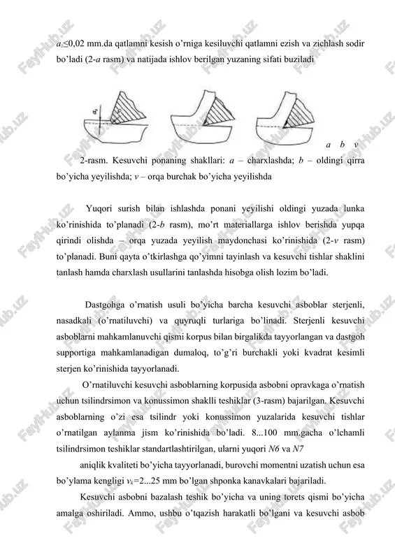 mm chuqurlikda va teshik uzunligiga nisbatan 1/3...1/4 uzunlikda o’yiq (vitochka) bajariladi. ushbu o’yiq o’rnatuvchi yuza uzunligini kamaytiradi, uni tayyorlashga mehnat sarfini va jilvirtoshning (charxlashda) yeyilishini kamaytiradi. disk ko’rinishli kesuvchi asboblarda (freza) bunday o’yiqlar bajarilmaydi. barmoqchali (kontsevoy) kesuvchi asboblarni tsilindrsimon va quyruqli (xvostovik) qilib tayyorlanadi va to’g’ridan to’g’ri yoki o’tuvchi vtulkalar, opravkalar va patronlarga o’rnatilib dastgoh shpindeliga o’rnatiladi. tsilindrsimon quyruqlarning afzalliklari (4-rasm) konstruktsiyasining soddaligi va tayyorlash aniqliginiinsh yuqoriligidir. kamchiliklari – ularni o’rnatishda tirqishni mavjudligi. burovchi momentni uzatish uchun ba’zi quyruqlarda kvadrat shaklida povodoklar bajariladi. tekis tsilindrsimon quyruqlar kichik diametrli asboblarda qo’llaniladi va ular tsangali yoki kulachokli patronlarda qisib o’rnatiladi. 4-rasm. kesuvchi asboblarni tsilindrsimon quyruq qismlarining turi kesuvchi asboblarni aniq tirqishsiz o’tqazishli markazlashni konussimon quyruqlar yordamida o’rnatish usuli ta’minlaydi. ko’pchilik hollarda morze (№0...6) va konusligi 1:20 bo’lgan metrik (konus burchagi 2α=2º50´) o’zi tormozlanuvchi quyruqlar qo’laniladi. ushbu konuslarning afzalliklari qo’shimcha elementlarsiz burovchi momentni uzatishidir (konusli uya bilan birikish yuzasidagi ishqalanish kuchi hisobiga). bunda …