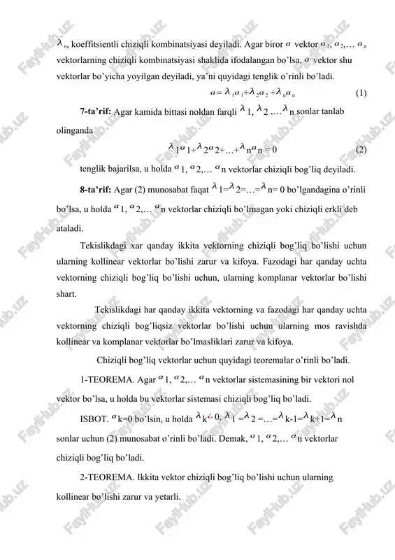 zaruriyligi. bolsin. unda ular orasidagi burchak =900 boladi va skalyar kopaytma ta'rifiga asosan =sos=sos900 = 0=0 etarliligi. 0 , 0 bolib, =0 bolsin. unda skalyar kopaytma ta'rifidan = sos=0sos=0=900 ekanligi kelib chiqadi. endi tekislikda yotuvchi va koordinatalari bilan berilgan (x1,u1), (x2,u2) vektorlarning skalyar kopaytmasini topamiz. buning uchun =, va va ekanligidan va skalyar kopaytmaning 3) va 4) xossalaridan foydalanamiz. =(x1+u1)(x2+u2)=x1x2+ x1u2+ u1x2+ u1u2= = x1x21+ x1u20+ u1x20+ u1u21= x1x2+ u1u2 demak (x1 , u1)(x2 , u2)= x1u2+ u1u2 , (2) ya'ni vektorlarning skalyar kopaytmasi ularning mos koordinatalari kopaytmalarining yigindisiga teng boladi. masalan, (3,6) va (5,-2) bolsa, =35+6(-2)=15-12=3 natijani olamiz. xuddi shunday tarzda fazodagi (x1,u1,z1) va (x2,u2,z2) vektorlarning skalyar kopaytmasi uchun (x1,u1,z1)(x2,u2,z2)= x1x2+u1u2+z1z2 (3) formula orinli bolishini korsatish mumkin. endi skalyar kopaytma tadbiklari sifatida quyidagi masalalarni koramiz. 1-masala. (x,u,z) vektorning modulini toping. echish. skalyar kopaytmaning 2) xossasiga va (3) formulaga asosan (4) masalan, (3,4,12) vektorning moduli 2-masala. (x1,u1,z1) va (x2,u2,z2) vektorlar …