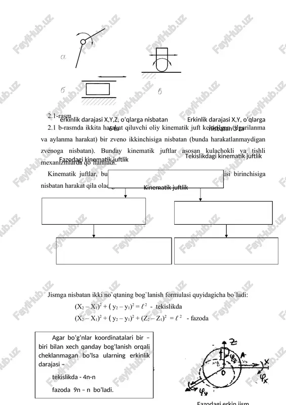 uftlar bir nechta sinflarga bo'linadi. ular quyidagilardir: 1. erkin juftliklar: bu juftliklar qismlar orasidagi o'zaro harakatni cheklamaydi, ya'ni har bir qism boshqa qismlarga nisbatan erkin harakatlanadi. misol: sferik yoki silindrik tekislikdagi harakat. 2. qattiq juftliklar: bu juftlikda harakat faqat bir-biriga bog'liq qismlarda bo'ladi, ularning harakatlari bir-biriga nisbatan qat'iy belgilangan. misol: tishli mexanizm. 3. surish juftliklar: bu juftliklar bir qismining ikkinchisiga nisbatan faqat surilish harakatini amalga oshiradi. bunday juftliklar ko'pincha piston va silindr tizimlarida ishlatiladi. 4. rolyandik juftliklar: bunda bir qismining ikkinchisiga nisbatan aylanish harakati amalga oshiriladi. bunday juftliklar odatda tishli mexanizmlarda yoki o'qlarni aylantirishda qo'llaniladi. 5. aylanish juftliklar: bu juftliklar, harakatni faqat aylanish shaklida uzatishga imkon beradi. bunday juftliklarda qismlar faqat o'z o'qi atrofida aylanishi mumkin. kinematik juftlarning har biri mexanizmlarning samaradorligini, ularning ishlashini va to'g'ri ishlashini ta'minlash uchun muhimdir. foydalanilgan adabiyotlar: 1. frolov k.v va b. mexanizm va mashinalar nazariyasi. – t.: ukituvchi, 1990. 2. djuraev a va b. …