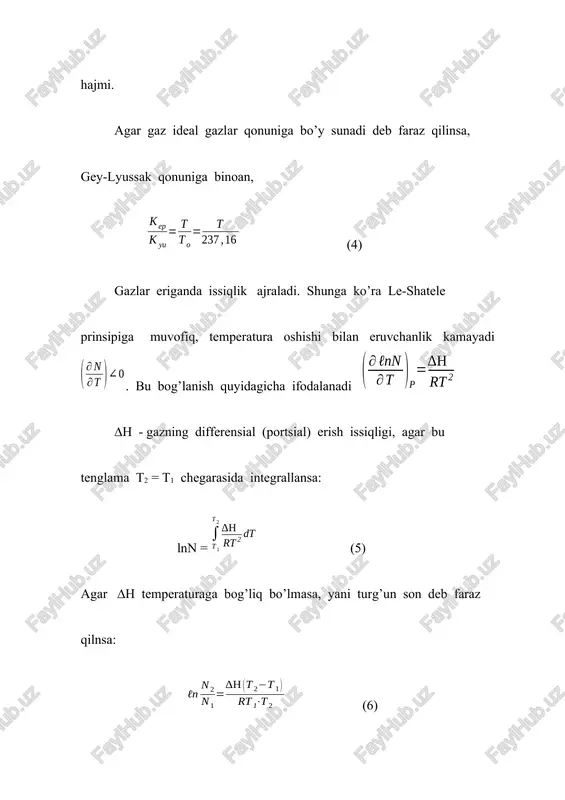 i. kritik temperaturadan yuqori temperaturada anilin bilan suv istalgan nisbatda aralasha oladi. kritik temperaturadan past temperaturada esa ma’lum chegaradagina aralashadi. temperatura 20o 60o 100o 140o 160o 167o ustki qavat (100 gr eritmadagi anilin miqdori) 3,1 3,8 7,2 13,5 24,9 48,6 pastki qavat (100 gr eritmadagi suv miqdori) 5 5,8 8,5 11,9 28,8 51,4 suyuqliklarning kritik erish temperaturasini 1875-1886 yillarda rus olimi v. f.alekseev kashf etdi. fenolning suvda eruvchanligi ham temperaturaning ko’tarilishi bilan ortadi. suvga ozgina fenol qo’shilsa erib ketadi. agar fenol miqdori oshira borilsa, tezda ustma-ust ikki qavat hosil bo’ladi; agar temperature oshirilib borilsa, 66o ga yetganda ikkala qavat aralahib ketadi. 66o dan yuqorida fenol suvda cheksiz eriydi. demak, bu sistemaning kritik erish temperaturasi 66o ga teng ekan. uglerod sulfide cs2 va metil spirt ch3 oh sistemaning kritik erish temperaturasi 40,5o ga teng. tanishib chiqilgan sistemlarning kritik temperaturasini topish uchun temperaturani oshirishga to’g’ri keladi. bu yerda yuqori kritik erish temeraturasi …