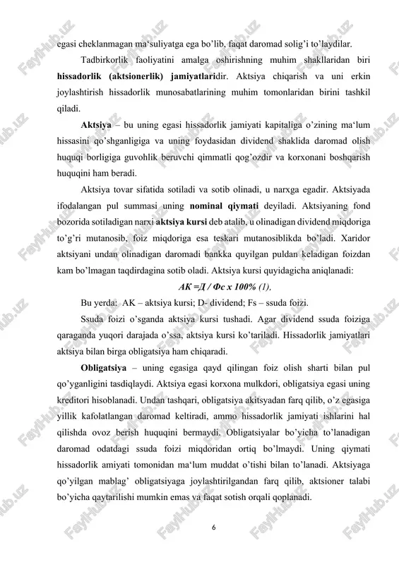 lishi mumkin emas va faqat sotish orqali qoplanadi. hissadorlik jamiyatining tashkil topishi ta‘sischilik foydasi kabi daromad turining paydo bo’lishi bilan bog’liqdir. ta‘sischilik foydasi sotilgan aktsiyalar summasi va hissadorlik korxonasiga haqiqatda qo’yilgan mablag’ miqdori o’rtasidagi farqdan iborat. hissadorlik korxonasida ta‘sischilik foydasi bilan bir qatorda dividend kabi daromad turi shakllanadi. dividend (lotincha dividendus – bo’linishga tegishli) – aktsiya egasiga to’lanadigan daromad. dividend vositasida aktsiya egasi qimmatli qog’ozning shu turiga qo’yilgan pul mablag’lari (kapital) ning tegishli qismiga o’zining mulkchilik huquqini iqtisodiy jihatdan ro’yobga chiqaradi. dividend orqali faqat hissadorlik jamiyati olgan foydaning bir qismi taqsimlanadi, qolgan qismi jamg’arishga, soliq to’lashga ketadi. dividend miqori olinadigan foyda va chiqarilgan aktsiya miqdoriga bog’liq bo’lib, odatda ssuda foizlari yuqori bo’ladi. tadbirkorlik kapitali va uning harakat bosqichlari tadbirkor ixtiyorida bo’lib, foyda olish maqsadida ishlatiladigan barcha moddiy vositalar, tovarlar va pul mablag’lari birgalikda tadbirkorlik kapitali deb ataladi. tadbirkorlik kapitali doimo ishlab chiqarish va muomala jarayonida harakatda bo’ladi. bu harakatda kapital …