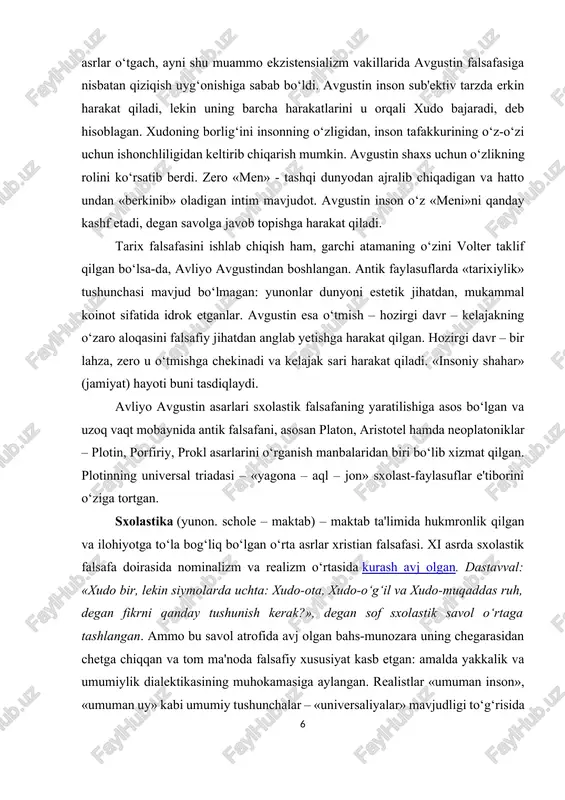 biri bo‘lib xizmat qilgan. plotinning universal triadasi – «yagona – aql – jon» sxolast-faylasuflar e'tiborini o‘ziga tortgan. sxolastika (yunon. schole – maktab) – maktab ta'limida hukmronlik qilgan va ilohiyotga to‘la bog‘liq bo‘lgan o‘rta asrlar xristian falsafasi. xi asrda sxolastik falsafa doirasida nominalizm va realizm o‘rtasida kurash avj olgan. dastavval: «xudo bir, lekin siymolarda uchta: xudo-ota, xudo-o‘g‘il va xudo-muqaddas ruh, degan fikrni qanday tushunish kerak?», degan sof sxolastik savol o‘rtaga tashlangan. ammo bu savol atrofida avj olgan bahs-munozara uning chegarasidan chetga chiqqan va tom ma'noda falsafiy xususiyat kasb etgan: amalda yakkalik va umumiylik dialektikasining muhokamasiga aylangan. realistlar «umuman inson», «umuman uy» kabi umumiy tushunchalar – «universaliyalar» mavjudligi to‘g‘risida so‘z yuritganlar. ular ayrim narsalarning mohiyati sanalgan universaliyalar narsalargacha amalda mavjud bo‘ladi va narsalarni vujudga keltiradi, deb hisoblaganlar. bu ashaddiy realizm zamirida platonning «g‘oyalar dunyosi» va «narsalar dunyosi» haqidagi ta'limoti yotadi. nominalistlar «universaliyalar narsalardan keyin vujudga kelgan nomlardir», degan fikrni ilgari surganlar. ayrim …