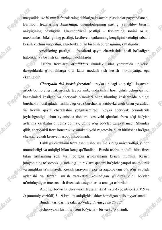 g aylanishi surish xarakati bilan mos ravishda bo’lib, frezaning bir marta aylanishida g’ildirak o’z o’qi atrofida a/ z1 aylanadi, bu erda: a – frezaning kirimlari soni; z1 – kesiluvchi g’ildirakning tishlari soni. bir kirimli frezaning barcha tishlari g’ildirak tishining profilini shakllantirishda qatnashadi. qirindi kanavkalari. frezani tayyorlash paytida chervyakning o’ramlarini kesib bo’linganidan so’ng qirindi kanavkalari frezalanadi va qirindi kanavkalari tishlarni oldingi yuzasi hamda qirindini joylashuvi uchun bo’shliq hosil qiladi. ularning kengligi keskichni joylashuvi uchun yetarli bo’lishi kerak. kanavkalar chervyak o’qiga paralel holda to’g’ri chiziqli (4-a rasm) yoki chervyak o’ramlari yo’nalishiga perpendikulyar holda vintli (4 -b rasm) bo’lishi mumkin. to’g’ri chiziqli kanavkali frezalarni tayyorlash oson bo’lib, ularni yig’ma frezalarning konstruktsiyasida ko’p qo’llaniladi. kamchiligi – yon kesuvchi qirralarining birida manfiy burchakning hosil bo’lishi. 4-a rasmda ko’rinib turibdiki, o’ng kirimli frezalarda oldingi burchaklari o’ng qirrada musbat ishoraga va chap qirrada manfiy ishoraga ega bo’lib, ular freza o’ramlarining ko’tarilish burchagiga teng bo’ladi, ya’ni γ1 =-γmo …