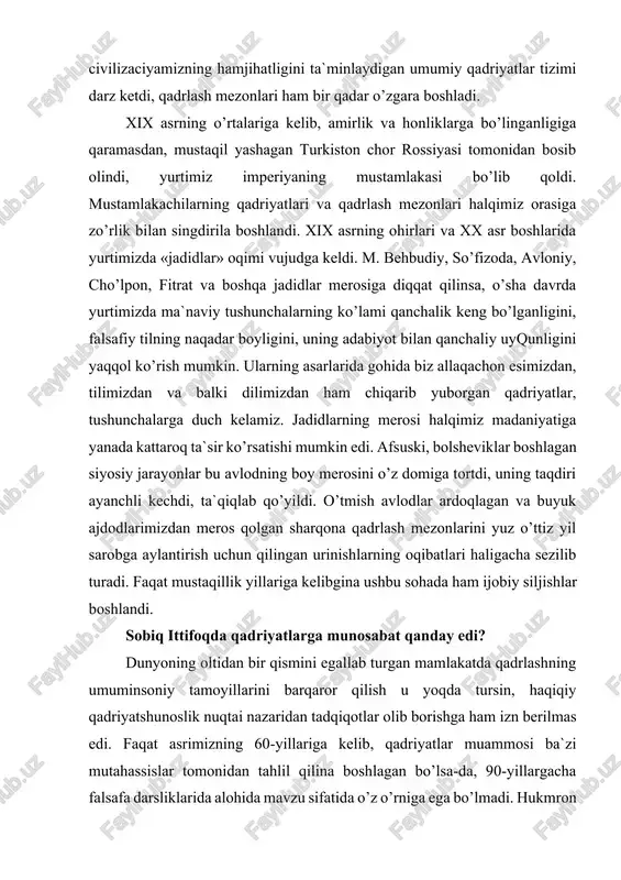 kirmaganligi, mavzularining juda kam tadqiq qilinganligi va nihoyatda oz ahamiyat berilganligidan mahsus falsafiy tadqiqotlar sohasiga aylana olmadi. aksiologiya nomi bilan sobiq ittifoqda birorta ham darslik yoki o’quv qo’llanmasi chop etilmagan, hatto universitetlarning faylasuf, jamiyatshunos, tarihchi va boshqa ijtimoiy mutahassislar tayyorlaydigan gumanitar bo’limlarida ham bu sohaga oid mahsus bilimlar berilmas edi. qadriyatlar tug’risidagi qarbda keng tarqalgan aksiologiya fani rivojlangan mamlakatlarda inson qadri va haq-huquqlariga doir ko’pgina tamoyillarning amaliyoti uchun nazariy asoslardan biri bo’lgan ilmiy sohalar qatoriga kiradi. mustaqillik va qadriyatlar mavzusi. istiqlol yillarida o’zbekistonda bu mavzuga umuminsoniy tamoyillar asosida yondashish shakllandi. bunday qarashning vujudga kelishi, qadriyatlarning ijtimoiy va ma`naviy yangilanishi, jamiyat a`zolarining kamoloti hamda yoshlar tarbiyasidagi ahamiyati masalalariga davlat miqyosida yuksak e`tibor ko’rsatilayotganligi mazkur soha rivojining bosh yo’nalishidir. qadriyatlarni mustaqillikni mustahkamlashning ma`naviy omillaridan biri sifatida qadrlanishi borasidagi ijobiy jarayonlar tadqiqotlarni ko’paytirish, ularga nisbatan mas`uliyatni yanada oshirishni taqozo qilmoqda. istiqlol asrlar davomida shakllangan o’ziga hos sharqona va o’zbekona qadrlash masalalari va me`yorlarini …