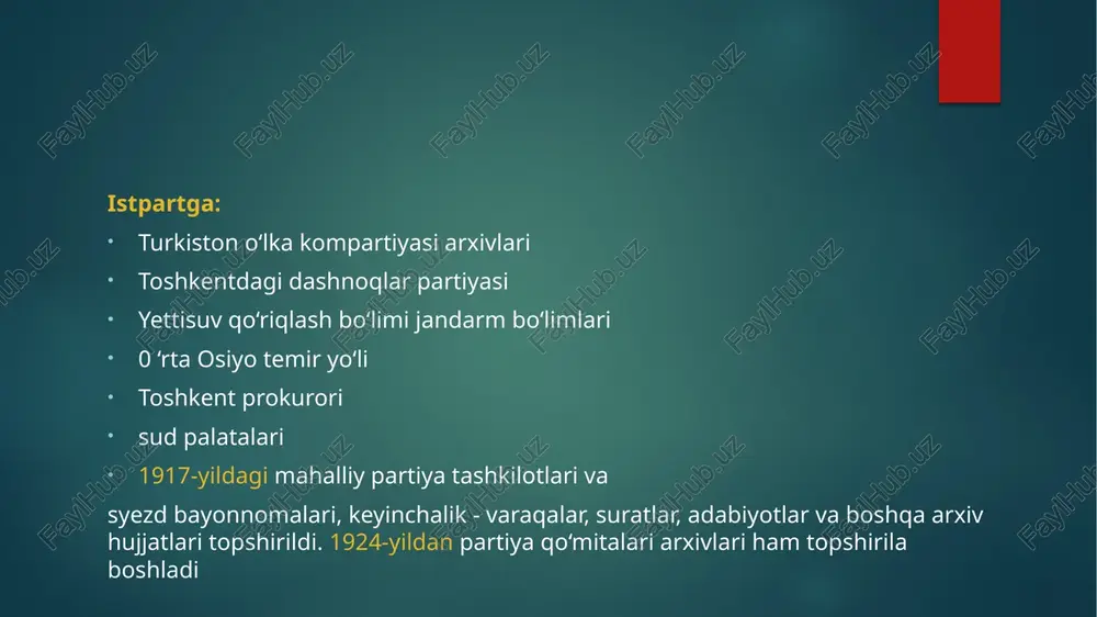 orildi. 1934yil iyulida ittifoq m k qarori bilan o'zbekiston markaziy lirxlv boshqannasi tarkibida 0 ‘zbekiston harbiy arxivi tashkil 1945 yil oxirida bu arxiv tugatildi va barcha arxiv fondlar qizil armiya markaziy davlat arxiviga topshirildi. r tarkibida qoraqalpog‘iston arning tashkil bolishi iminosabati bilan 1934 yil 11- martda qqar markaziy arxiv ixisliqannasi tuzildi. arxiv tashkilotlari xx asr 30-yiliarida arxiv hujjatlaridan ilmiy maqsadda foydalanishga alohida e’tibor berdilar. 1935- 1936- yillarda 200 dan ortiq maqola matbuotda e ’lon qilindi. 1932 yili <<0‘rta osiyoda 1916 yil qo‘zg‘oloni» deb nomlangan hujjatlar to ‘plami e’lon qilindi. 1933-1934 yillari «toshkent sovetining 1917 yilgi protokollari», « 0 ‘rta osiyoda milliy davlat chegaralanishi» nomli hujjatlar to'plamlari tayyorlandi. 1941-1945 yillarda o‘zbekistonda arxiv ishi ikkinchi jahon urushi yillari 0 ‘zbekistonda arxiv ishi tarixida og*ir yillar bo‘ldi. arxiv xodimlari ham frontga ketadilar. qolgunlari masalan, toshkent shahar arxiv tashkilotlarining jimoulari mudofaa jam g‘armasiga har oy o ‘z maoshlarining 2 foiz o ’tkazib turdilar. arxivchilar …
