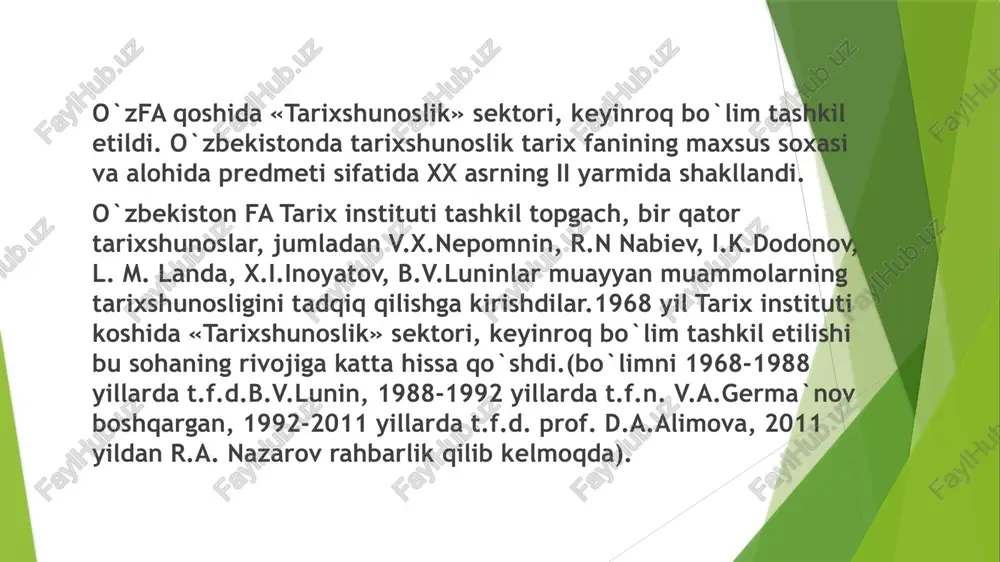 ta hissa qo‘shdi.xorazmshunoslik fani asoschilaridan biri hisoblanadi. xulosa sovet davrida o‘zbekistonda tarix fani rivojida sezilarli o‘zgarishlar ro‘y berdi. bu davrda tarixiy yodgorliklar, qadimgi shaharlar va yozma manbalarni ilmiy asosda o‘rganish boshlandi. maxsus ilmiy ekspeditsiyalar tashkil etildi, arxeologik qazishmalar olib borildi, ko‘plab tarixiy obidalar ochildi. shu bilan birga, tarix fani sovet mafkurasi ta’sirida bo‘lib, ayrim mavzular bir tomonlama yoritilgan, mahalliy tarixiy shaxslar va milliy merosga siyosiy cheklovlar qo‘yilgan.shunga qaramay, bu davrda a.p. okladnikov, v.a. shishkin, ya.g. gulyamov kabi olimlar o‘zbekiston tarixshunosligi va arxeologiyasiga katta hissa qo‘shdilar. ularning tadqiqotlari natijasida o‘zbekiston qadimgi tarixiga oid ilmiy bilimlar shakllandi va bugungi tarix fanining poydevori yaratildi.sovet davri tarix fani bugungi mustaqil tarixshunoslik uchun muhim tajriba maktabi bo‘lib xizmat qilmoqda. image1.jpeg image2.jpeg image3.jpeg image4.jpeg image5.jpeg image6.jpeg image7.jpeg image8.jpeg image9.jpeg image10.jpeg image11.jpeg image12.jpeg image13.jpeg image14.jpeg image15.jpeg image16.jpeg /docprops/thumbnail.jpeg