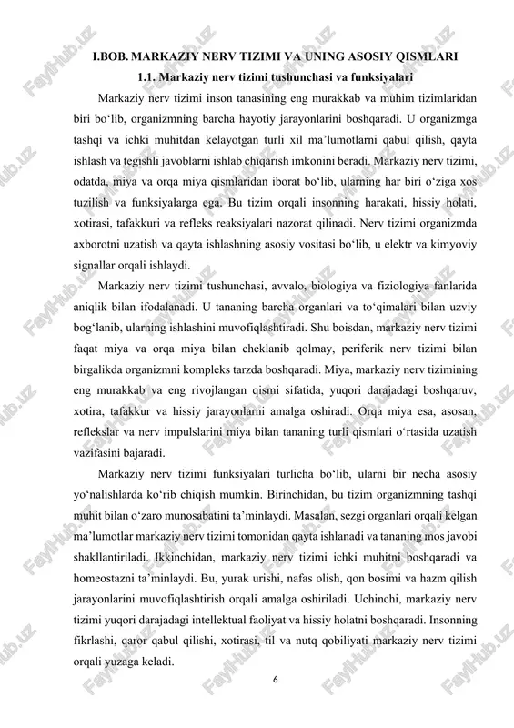 ayotiy funktsiyalarni avtomatik ravishda boshqarish imkonini beradi. reflekslar orqali markaziy nerv tizimi tananing turli qismlarini muvofiqlashtiradi, shuningdek, tezkor harakatlarni amalga oshirishga yordam beradi. misol uchun, issiqga teganda qo‘lni darhol tortish refleksi markaziy nerv tizimi tomonidan amalga oshiriladi. markaziy nerv tizimining yana bir muhim funksiyasi — hissiy holatni nazorat qilishdir. miya, ayniqsa limbik tizim, insonning hissiyotlarini boshqaradi. bu tizim orqali inson quvonch, g‘azab, qo‘rquv, hayajon kabi hissiy holatlarni boshdan kechiradi. shu bilan birga, markaziy nerv tizimi o‘rganish va xotira jarayonlarini ham nazorat qiladi. olingan tajribalar, o‘rganilgan bilimlar va ma’lumotlar neyronlar tarmoqlari orqali saqlanadi va zarur paytda qayta ishlanadi. markaziy nerv tizimi o‘zining murakkab tuzilishi bilan organizmning barcha organlari va tizimlarini birlashtiradi. neyronlar tarmog‘i orqali keladigan signallar miya va orqa miyaga yetib boradi, u yerda ular qayta ishlanadi va tananing tegishli qismlariga javob impulslari yuboriladi. ushbu jarayon juda tez va aniqlik bilan amalga oshadi, chunki nerv tizimi har bir impulsni millisekund darajasida …