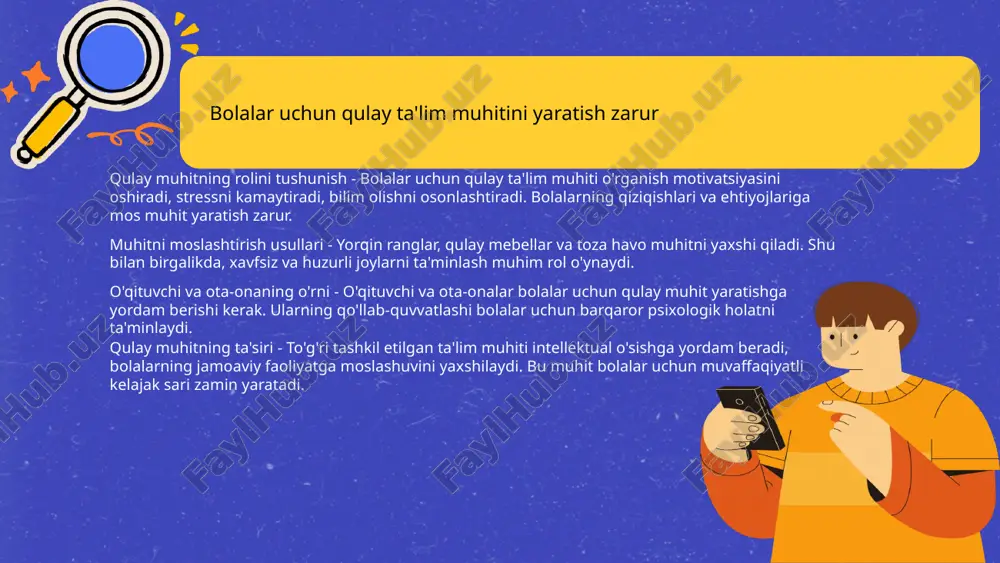 di faoliyatning ta'limga ta'siri psixologik rivojlanishga hissa ijodkorlikni oshirish omili 12 o'qituvchilarni psixologik yordam ko'rsatishga o'rgatish zarur psixologik yordamning ahamiyati - psixologik yordam o'quvchilar ruhiy salomatligini saqlashda muhimdir. bu ularda stress va tashvishni kamaytiradi, ta'lim jarayonini yengillashtiradi. o'qituvchilarga qo'yiladigan talablar - o'qituvchilar psixologiya asoslarini bilishlari, hissiy holatni tahlil qila olishlari va to'g'ri yondashuvni qo'llashlari kerak. o'qitish usullari - o'qituvchilarni o'rgatishda treninglar, amaliy mashg'ulotlar va nazariy darslar muhim rol o'ynaydi. bu ular uchun muvofiq muhit yaratadi. yordamning natijalari - psixologik yordam olgan o'quvchilar darslarga faolroq bo'ladilar, o'z qobiliyatlarini yaxshiroq namoyish etadilar. 13 bolalarning rivojlanishiga mos ta'lim usullarini tanlash kerak bolalarning rivojlanishi uchun mos vositalar - bolalarning yoshiga qarab tanlangan ta'lim vositalar rivojlanishni tezlashtiradi. vizual, audial hamda interaktiv usullar tanlash samarali natija beradi. har bir bolaning individual ehtiyojlariga e'tibor qaratish muhim. o'quv materiallarini moslashtirish - bolalarning qobiliyatlarini hisobga olib o'quv materiallari tanlash zarur. yangiliklarga qiziquvchanlikni ko'taruvchi mavzularni tanlash ularning rivojlanishini rag'batlantiradi. interaktiv …