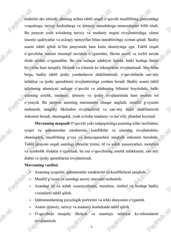 y-historik va estetik jihatlari. ushbu kurs ishining tarkibiy tuzilishi kirish ikki asosiy bob 5 paragraf xulosa va foydalanilgan adabiyotlardan iborat. i bob badiiy asarni tahlil qilish turlari 1.1. syujet va qahramonlar tahlili syujet va qahramonlar tahlili badiiy asarni o‘rganishning eng asosiy va dolzarb jihatlaridan biri hisoblanadi. syujet – bu asarda voqealar rivojlanish tartibi va ularning o‘zaro bog‘liqligini ifodalovchi asosiy struktura bo‘lib, u o‘quvchiga asarning mazmunini tushunish va qahramonlarning harakatlarini anglash imkonini beradi. syujetning aniqligi va tizimliligi orqali o‘quvchi voqealar zanjirini, konfliktning boshlanishi va rivojlanishini, qahramonlararo munosabatlarni yaxshiroq tushunadi. syujet tahlili jarayonida voqealar ketma-ketligi, asosiy va yordamchi voqealar, dramatik burilishlar, kulminatsiya va yakuniy hal etilish kabi jihatlar o‘rganiladi. shu bilan birga, syujet tahlili asardagi vaqt va makonning tashkil etilishi, retrospektiv va prolepsiv sahnalar, parallel va qatorlashgan voqealar kabi san’atiy vositalarni aniqlash imkonini ham beradi.[footnoteref:2] [2: axmedov, s. “badiiy asarni tahlil qilishning nazariy asoslari”. – toshkent, 2020.] qahramonlar tahlili esa asarning mazmuni …