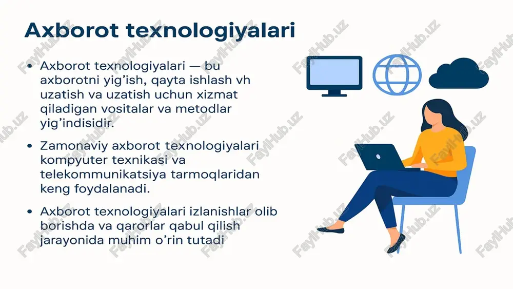 adabiyotlar 1. azizova, g. axborot texnologiyalarining zamonaviy ilmiy izlanishlardagi o‘rni // oliy ta’lim va fan jurnali. – 2021. – №3. – b. 45–52. 2. karimov, n. axborot texnologiyalari va ilmiy bilish metodologiyasi. – toshkent: fan va texnologiya, 2020. – b. 210. 3. to‘xtayev, b. ilmiy tadqiqot metodologiyasi: nazariya va amaliyot. – toshkent: o‘zbekiston milliy universiteti nashriyoti, 2019. – b. 156. 4. borgman, c. l. big data, little data, no data: scholarship in the networked world. – cambridge, ma: mit press, 2015. – p. 312. 5. european commission. open science policy platform recommendations. – brussels, 2021. – p. 58. 6. oecd. open science and data sharing: policy and practice. – paris: oecd publishing, 2020. – p. 134. 7. zins, c. conceptual approaches for defining data, information, and knowledge // journal of the american society for information science and technology. – 2007. – vol. 58(4). – p. 479–493. e’tiboringiz uchun rahmat ! …