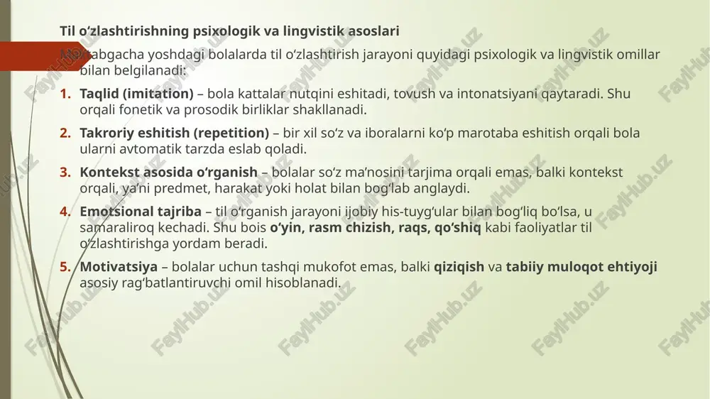 , natijada yangi ko‘nikma hosil bo‘ladi. maktabgacha ta’limda qo‘llanishi: juftlik va guruhli mashg‘ulotlar (“let’s build a house together!”); kattalar bilan interaktiv o‘yinlar (teacher–child dialogues); qo‘shma faoliyat (song games, storytelling, drawing together). bu yondashuv bolalarda muloqot, hamkorlik va ijtimoiy faollikni rivojlantiradi. krashen modeli (1982) stiven krashen til o‘zlashtirishni tushuntiruvchi eng mashhur **“monitor model”**ni taklif etgan. u beshta gipotezani o‘z ichiga oladi: acquisition vs learning hypothesis – tabiiy o‘zlashtirish va ongli o‘rganish farqli jarayonlar; natural order hypothesis – til elementlari ma’lum ketma-ketlikda o‘zlashtiriladi (masalan, “-ing” shakli, keyin “-s” ko‘plik shakli); monitor hypothesis – o‘quvchi o‘z nutqini tahrirlash uchun o‘rgangan grammatikani ishlatadi; input hypothesis – samarali o‘rganish uchun tushunarli kiritma (i+1) kerak; affective filter hypothesis – emotsional holat o‘rganishga ta’sir qiladi: stress past bo‘lsa, o‘zlashtirish kuchli bo‘ladi. maktabgacha ta’limda tatbiqi: stressdan holi muhit yaratish; o‘yin, qo‘shiq va hikoyalar orqali tushunarli kiritma berish; rag‘batlantiruvchi so‘zlar, quvnoq muhit (“good job!”, “well done!”) orqali affektiv filtrni …