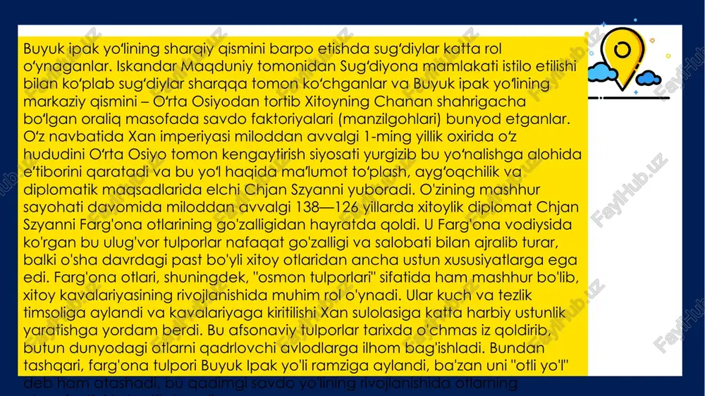 xitoyga jun matolar, gilamlar, turli zargarlik buyumlari va qimmatbaho toshlar, shuningdek uzum, shaftoli va boshqa mevalar junatilgan. fargʻonadan xitoyliklar oltin va ipakka — zotli “samoviy otlar” sotib olishgan.gʻarb davlatlarini sharq mamlakatlari bilan bogʻlaydigan qadimgi va oʻrta asrlarning savdo yoʻllari tizimi buyuk ipak yoʻli nomi bilan mashhur. qadimgi davrlarda xitoy va oʻzbekistonni bogʻlaydigan karvon yoʻlidir va koʻp asrlar davomida xitoydan ipakni eksport qilish uchun ishlatilgan. xitoydan ipak mato va ipak uchun xom ashyo, chinni va nefrit mahsulotlari, qogʻoz, porox, guruch bilan karvonlar oʻzbekiston hududi orqali evropaga yoʻl olgan. samarqanddan xitoyga jun matolar, gilamlar, turli zargarlik buyumlari va qimmatbaho toshlar, shuningdek uzum, shaftoli va boshqa mevalar junatilgan. fargʻonadan xitoyliklar oltin va ipakka — zotli “samoviy otlar” sotib olishgan. gʻarb davlatlarini sharq mamlakatlari bilan bogʻlaydigan qadimgi va oʻrta asrlarning savdo yoʻllari tizimi buyuk ipak yoʻli nomi bilan mashhur. qadimgi davrlarda xitoy va oʻzbekistonni bogʻlaydigan karvon yoʻlidir va koʻp asrlar davomida xitoydan ipakni eksport …