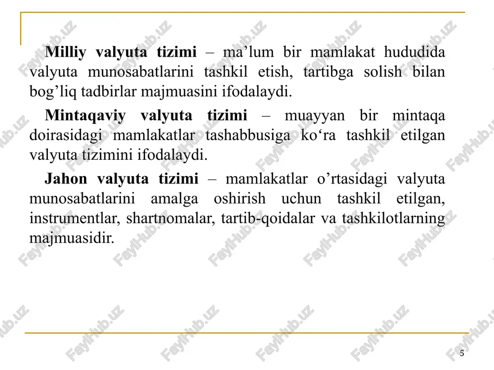 r, zayomlar bilan birga oltin ham jahon puli sifatida sarflandi. ko‘pgina mamlakatlar tomonidan valyuta cheklovlari o‘rnatildi. valyuta kurslari majburiy tarzda o‘rnatilgan bo‘lib, shu boisdan noreal edi. urush boshlanishi bilan markaziy banklar oltinni almashtirishni to‘xtatdi va xarajatlarni qoplash uchun emissiyani oshirdilar. 1920 yilga kelib aqsh dollariga nisbatan funta sterling 1/3 qismga, frantsuz franki va italiya lirasi —2/3, nemis markasi esa - 96%ga qadrsizlandi. oltin andozasi bozor iqtisodiyoti sharoitlariga va rivojlanib borayotgan xo‘jalik aloqalari ko‘lamiga javob bermaganligi tufayli asta-sekinlik bilan barham topgan. oltin tanga andozasi pul va valyuta tizimi sifatida amal qilishni to‘xtatgan va jahon valyuta tizimini boshqa shaklda shakllantirishga ehtiyoj sezilgan. genuya valyuta tizimi (1922-1929 y.y.) birinchi jahon urushidan keyin mamlakatlar o‘rtasidagi tashqi iqtisodiy aloqalarning qayta tiklanishi natijasida jahon valyuta tizimining yangi tamoyillarini ishlab chiqishga zarurat tug‘ildi. ushbu davrdan jahon valyuta tizimi rivojlanishining yangi bosqichi amal qila boshladi. mazkur bosqich oltin quyilma andozasi yoki genuya valyuta tizimi sifatida nom oldi. 1922 …