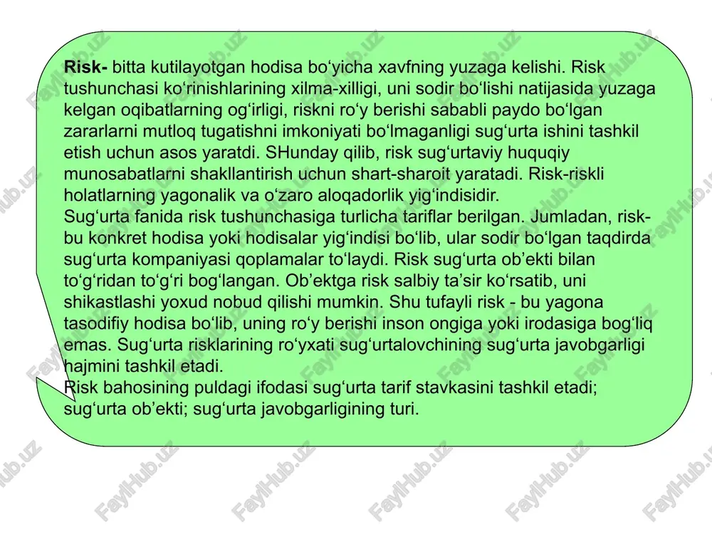 bo’ladi. aqsh va yaponiyada asosan, hayot sug’urtasi bilan shug’ullanuvchi kompaniyalar o’zaro sug’urtalash jamiyati shaklidadir. hozirgi paytda yaponiyada o’zaro sug’urtalash jamiyatlari hayotni sug’urtalash bozorining 89,4%ni tashkil etadi. sug’urtalovchining javobgarlik limiti - tuzilgan sug’urta shartnomasidan kelib chiqqan holda belgilanadigan sug’urta kompaniyasining mumkin bo’lgan eng yuqori darajadagi javobgarligi. sug’urtalovchining javobgarlik limiti sug’urta polisida o’z aksini topadi. sug’urta qoplamasi limiti - sug’urta kompaniyasining filiali, bo’limi, shu’ba korxonasi tomonidan bitta sug’urta hodisasi bo’yicha mustaqil to’lanadigan sug’urta qoplamasining eng yuqori miqdori. bu miqdorni sug’urta kompaniyasi boshqaruvi joylardagi sug’urta summasining zararlilik darajasidan, kadrlarning malakasidan va boshqa omillardan kelib chiqqan holda belgilaydi. shaxsiy sug’urta - sug’urta ob’ekti sifatida fuqarolarning hayoti, sog’ligi va mehnat qobiliyatini saqlash bilan bog’liq manfaatlar majmuasi shaklidagi sug’urta tarmog’i. shaxsiy sug’urta hayot sug’urtasiga va baxtsiz hodisalardan sug’urtaga va tibbiy sug’urtaga bo’linadi. u riskli va jamg’arma funktsiyalariga ega. chet el tajribasida shaxsiy sug’urta to’rtta sug’urta klassidan iborat bo’lib, inson hayotidagi ro’y berish mumkin bo’lgan hodisalar (tug’ilish, …