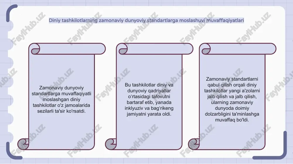 rishi mumkin. diniy tashkilotlarning moslashuvining gender tengligiga ta'siri zamonaviy dunyoviy standartlarga moslashgan diniy tashkilotlar gender tengligiga sezilarli ta'sir ko'rsatdi. moslashish orqali ushbu tashkilotlar an'anaviy gender rollariga qarshi chiqdilar va tenglik va inklyuzivlikni targ'ib qilish yo'lida ishladilar. bu diniy jamoalarda ayollarning huquqlari va imkoniyatlarini yanada kengroq tan olishga olib keldi. zamonaviy dunyoviy standartlarning diniy erkinlikka ta'siri diniy tashkilotlarning zamonaviy dunyoviy standartlarga moslashuvi diniy erkinlikka katta oqibatlarga olib kelishi mumkin. diniy tashkilotlar o'z amaliyotlarini zamonaviy dunyoviy standartlarga moslashtirsa, bu jamiyatda turli diniy e'tiqodlarning qabul qilinishi va integratsiyalashuviga olib kelishi mumkin. biroq, bu dunyoviy standartlarga moslashish ba'zi diniy urf-odatlar va an'analarning susayishi yoki yo'qolishiga olib kelishi mumkin. turli mamlakatlardagi diniy tashkilotlarning moslashuvini taqqoslash diniy tashkilotlarning zamonaviy dunyoviy standartlarga moslashuvining ta'siri mamlakatga qarab juda farq qilishi mumkin. ayrim mamlakatlarda diniy tashkilotlar zamonaviy dunyoviy standartlarga moslashishda muvaffaqiyat qozonishdi, natijada ularning qabul qilinishi va ahamiyati ortdi. biroq, boshqa mamlakatlarda diniy tashkilotlarning zamonaviy dunyoviy standartlarga moslashishiga qarshilik …