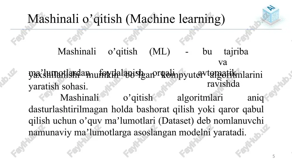 plami (data set) data set - bu o’qitish uchun kerakli ma'lumotlar to'plamidir. boshqacha aytganda, ma'lumotlar to'plami ma'lumotlar bazasi jadvalining yoki bitta statistik ma'lumotlar matritsasining qiymatlarini hisoblanib, bunda jadvalning har bir ustuni ma'lum o'zgaruvchini yoki parametr (x1,x2,....,xn) qiymatini ifodalasa, har bir satr esa berilgan parametrlar asosidagi obyekt qiymatiga (x1, x2,....,xn) to'g'ri keladi. 35 ma’lumotlar to’plami (data set) turlari mashinani o’qitish jarayonida va modelning to’liq ishlashini ta’minlash maqsadida quyidagi ma’lumotlar to’plami turlaridan foydalaniladi: training set; validation set; testing set. 36 ma’lumotlarga dastlabki ishlov berish format: ma'lumotlar har xil fayllarda saqlanishi mumkin. misol uchun, ma'lumotlar to'plamini shakllantirish uchun birgalikda to'planishi kerak bo'lgan turli xil valyuta, tillar va hokazolarga ega bo'lgan turli mamlakatlardan olingan savdo natijalari. ma'lumotlarni tozalash: bu bosqichda bizning maqsadimiz yo'qolgan qiymatlarni tiklash va ma'lumotlarni keraksiz belgilarini olib tashlashdir. xususiyatlarni chiqarish: bu bosqichda biz xususiyatlar sonini tahlil qilish va optimallashtirishga e'tibor qaratamiz. odatda, jamoa a'zosi prognoz qilish uchun qaysi xususiyatlar muhimligini aniqlashi …