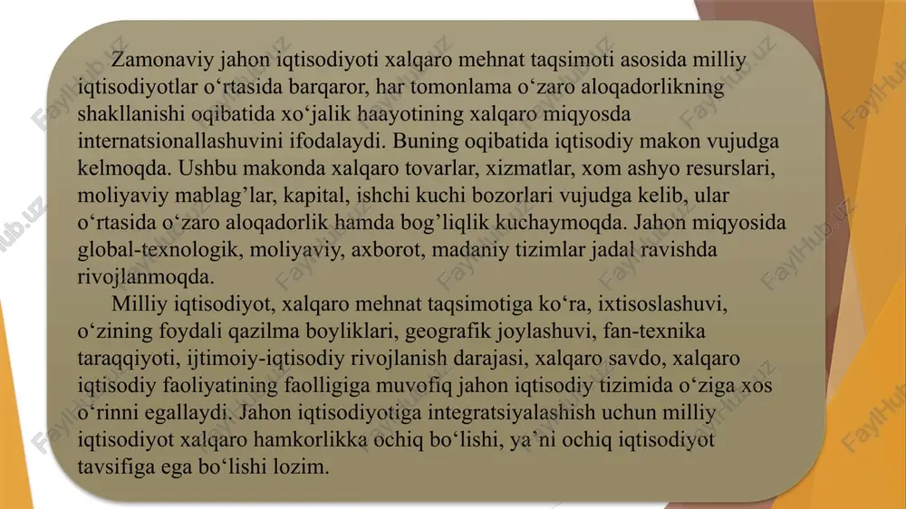 ari keskin farqlanmoqda. qishloq xo‘jaligida band bo‘lgan xodimlar ish haqlari o‘rtacha respublika darajasiga nisbatan 60foizdan ortiqni tashkil etib, sanoatdagi o‘rtacha ish haqiga nisbatan bir necha barobarga kam. bunday tafovut keskin bo‘lib, ma’lum iqtisodiy tahdidni keltirib chiqaradi. shuningdek, ijtimoiy xizmat ko‘rsatish sohalarida, ya’ni sog’liqni saqlash, ta’lim, madaniyat va san’at sohalaridagi xodimlarning o‘rtacha oylik ish haqlari o‘rtacha respublika darajasining 60-80 foiz ini tashkil etmoqda. vaholanki, ushbu tarmoqlarda xodimlarning bilim, kasb-malaka darajalari boshqa tarmoqlardagilarga nisbatan ancha yuqoridir. mamlakat ichki xavfsizligiga tahdidlar jumlasiga quyidagilarni kiritish mumkin: 1. aholi, shu jumladan, mehnatga layoqatli aholi, mehnat resurslari sonining o‘sish sur’atlarining asosiy fondlar yaratayotgan yangi o‘rinlarning o‘sish sur’atlariga nisbatan orqada qolishi, kelgusida ishsizlar daromad olish imkoniyatiga ega bo‘lmagan kishilar sonining o‘sishiga olib kelishi mumkin; 2. ish haqining aholi, shu jumladan, yollanma ishchi va ishchi xizmatchilarning oila daromadlaridagi ulushining kamayishi, ish haqining rag’batlantiruvchanligining pasayishi; 4. kichik biznes va xususiy tadbirkorlik subyektlari faoliyatiga to‘sqinlik qiluvchi omillarning ko‘payishi; 5. soliq …