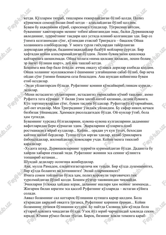 mayman, jonimga qasd qilmayman», deb qasam ichdirishdi. bola ko'rganimdan keyingina bu qasam kuchdan ketar ekan. shu yo'sinda ixtiyorimni jilovlab qo'yishdi. hamma dardimni ichimga yutaverdim. yuragim ignalar sanchilaverib ilma-teshik bo'lib ketganday tuyulardi. silvinaning qishloqqa qaytganini eshitgach, dod deb yuboray dedim. rufat devor-darmiyon qo'shnimiz edi. ammo silvinaning qaytganini hech kim ko'rmagandi. bir oygacha u hatto hovlisiga ham chiqmadi. keyinchalik voqea oydinlasha boshladi. silvina menga tegib, hovlida uy yumushlarini bajarib yurgan kezlari rufat uni bir ko'rganu oshiqu beqaror bo'lib qolgan ekan. devordan ko'z ilg'amas tuynukcha ochib, uni o'g'rincha kuzatib o'tirar ekan. rufat mendan etti yosh katta edi.ammo na o'tin tergani borardi, na dalaga chiqib ishlardi, na qassob otasiga ko'maklashardi. turgan-bitgani g'irt tanbal, takasaltang edi. ularning ikkita echkisi bo'lardi, ikkovining bo'yniga ham qo'ng'iroq osilgan edi. silvinaning rajab va umar degan cho'pon akalari ana shunaqa echki uchun o'zlarini tomdan tashlaydiganlar toifasidan edi. rufat ularningana shu ojizliklaridan foydalanibdi. rajab bilan umar shu echkilarga xaridor bo'lishganida u …
