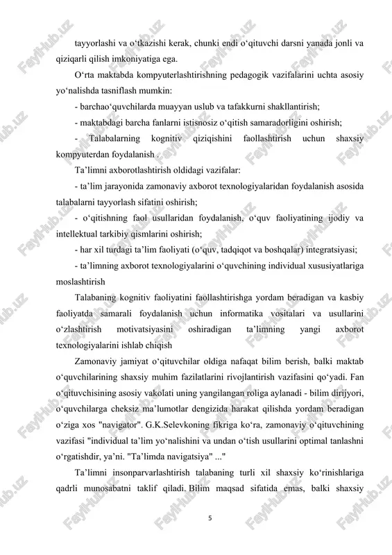 ishga hissa qo‘shish; - bolaga uning uchun o‘quv materialining maksimal miqdorini bering; - amaliyo‘quv vazifalari majmuasini kengaytirish; - talabalar faoliyati ustidan nazoratni sifat jihatidan o‘zgartirish; - talabani axborot jamiyati yutuqlari va undagi adekvat xulq-atvor bilan tanishtirish an’anaviy texnik o‘qitish vositalaridan farqli o‘laroq, akt nafaqat o‘quvchini katta hajmdagi tayyor, qat’iy tanlangan, to‘g‘ri tashkil eigen bilimlar bilan to‘ldirishga, balki o‘quvchilarning intellektual ijodiy qobiliyatlarini rivojlantirishga, yangi bilimlarni mustaqil ravishda egallashga, mehnat qilish qobiliyatini rivojlantirishga imkon beradi. turli ma’lumotlar manbalari bilan. ta’limda axborot-kommunikatsiya texnologiyalaridan foydalanishning quyidagi shakllari mavjud: - darslar uchun didaktik materiallarni tayyorlash (turli mavzular bo‘yicha multimedia taqdimotlarini yaratish, o‘quv dasturlari va boshqalar). multimedia taqdimotlari dinamikani, tovushni va tasvirni birlashtirgan kompyuter dasturlari yordamida axborotni taqdim etish usulidir, ya’ni. uzoq vaqt davomida diqqatni tortadigan omillar. multimedia taqdimotlarining o‘ziga xos talablari bor: ijobiy va salbiy tomonlar. multimedia taqdimotlarining afzalliklari: - kompyuter taqdimotlari o‘quv materialini ko‘rgazmali va ishonarli qiladi; - yorqin fon rasmlari yordamida axborotni idrok …