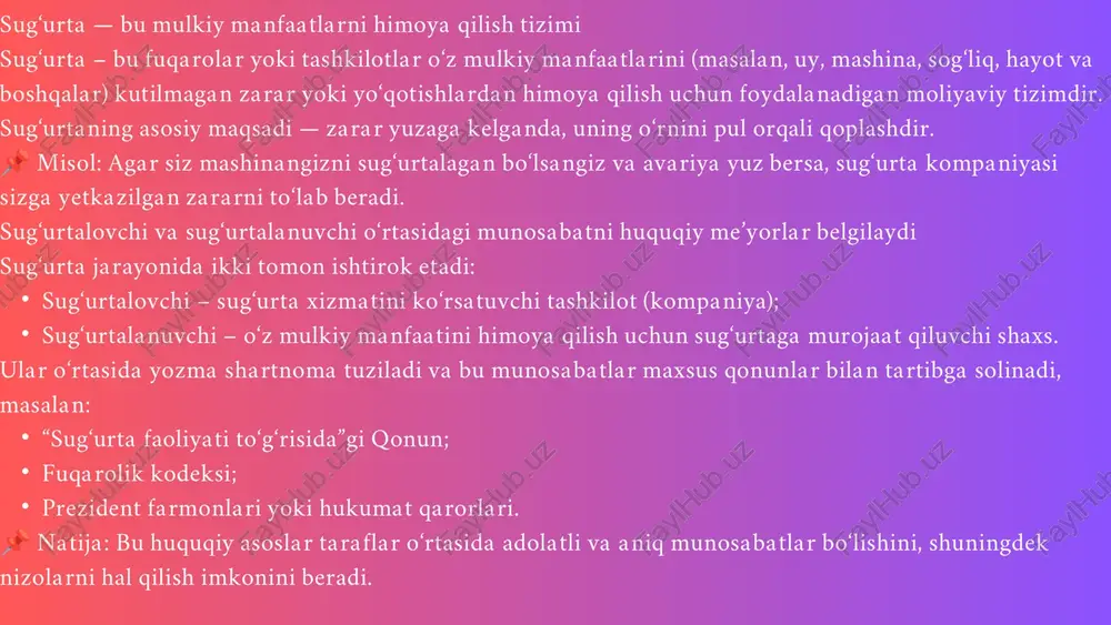hi va sug‘urtalanuvchi o‘rtasidagi o‘zaro huquq va majburiyatlar belgilab qo‘yiladi. 📌 xulosa: sug‘urta shartnomasi tomonlar o‘rtasidagi o‘zaro kelishuvni mustahkamlab, ularning huquqiy va moliyaviy munosabatlarini tartibga soladi. xulosa xulosa (umumiy yakun) sug‘urtaning huquqiy asoslari — bu sug‘urta faoliyatining adolatli, ishonchli va barqaror yuritilishini ta'minlaydigan muhim omillardandir. konstitutsiya, maxsus qonunlar, fuqarolik kodeksi hamda xalqaro va milliy me’yoriy hujjatlar sug‘urta tizimining huquqiy poydevorini tashkil etadi. ✅ asosiy jihatlar: sug‘urta — mulkiy va shaxsiy manfaatlarni himoya qilish vositasi; huquqiy asoslar — tartib, ishonch va qonuniylikni ta’minlaydi; ixtiyoriy va majburiy sug‘urtalar — fuqarolarning va jamiyat xavfsizligining kafolati; amaldagi qonun va qarorlar sug‘urtaning samarali faoliyat yuritishiga xizmat qiladi. image1.jpeg image2.jpeg image3.png image4.jpeg image5.jpeg image6.png image7.png image8.png /docprops/thumbnail.jpeg