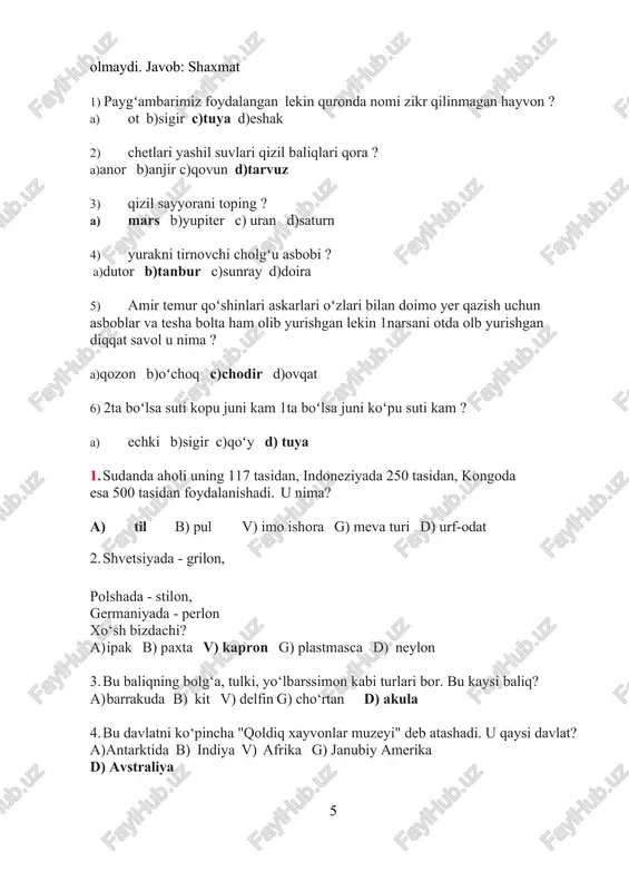 iri qolganlaridan ilgariroq hukm surgan? a) neron b) kaligula v) tiberiy g) yuliy sezar d) tit 23. fide versiyasi bo‘yicha hamyurtimiz rustam qosimjonov nechanchi yili shaxmat bo‘yicha jahon chempioni bo‘lgan? a) 2003 yil b) 2001 yil v) 2006 yil g) 2004 yil d) 2002 yil 24. vashington shahri qaysi daryo bo‘yida joylashgan? a) ​potomak b) gudzon v) missisippi g) missuri d) ist-river 25. "fanni deb yo‘lga chiqqan kishiga jannat eshigi ochiladi" degan maqol qaysi xalqqa tegishli? a) ​arablarga b) ispanlarga v) yaponlarga g) o‘zbeklarga d) inglizlarga 26. hozirgi meksikaliklarning ajdodlari kimlar bo‘lgan? a) inklar b) bushmenlar v) mayalar g) atsteklar d) konkistadorlar 27. inkvizitsiya sudidan chiqib galileo galiley qanday so‘zlarni ishlatdi? a) yo hayot, yo mamot b) u aylanmaydi v) lekin har holda u aylanadi g) hech nima demadi d) tavba qildim 28. birlashgan millatlar tashkilotining rasmiy tillarini ko‘rsating. a) ingliz, nemis, turk, yapon, fransuz, ispan b) rus, ingliz, ispan, …