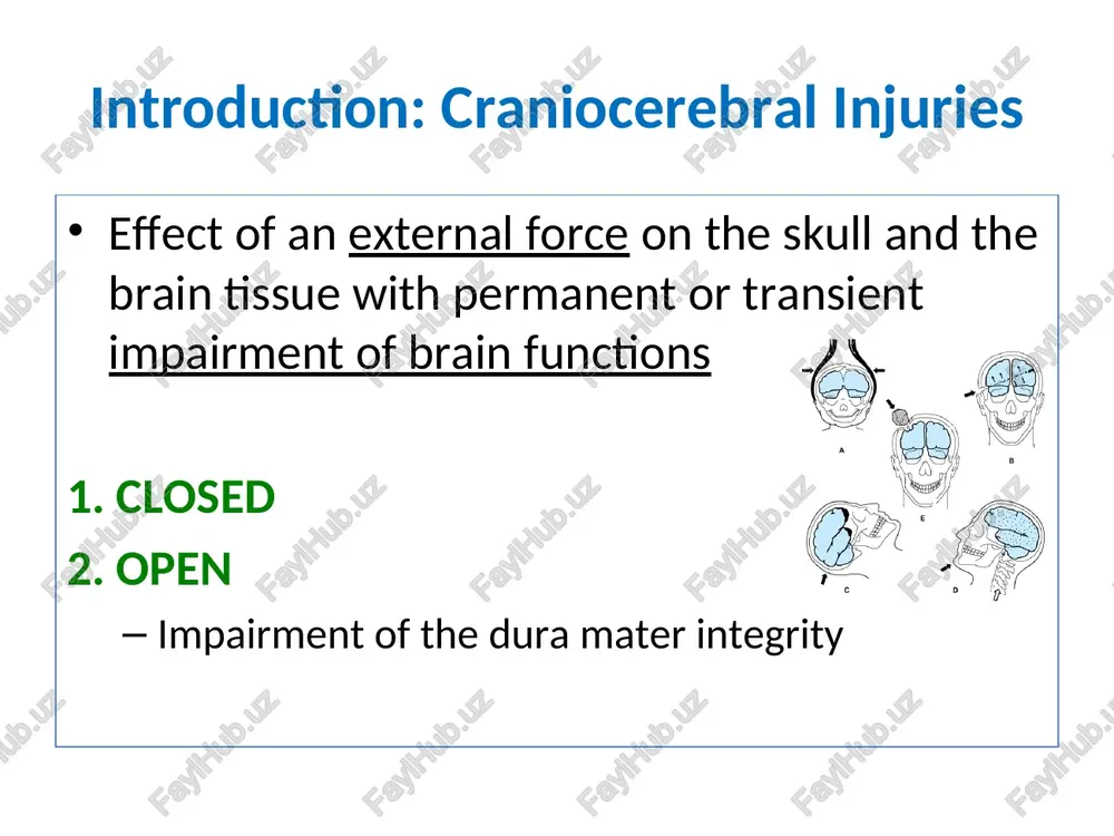 ve finding brain mri : changes in tissue signal (hypersignal) in corpus callosum, subcortical white matter, in the thalamus and brainstem mtbi – differential diagnosis other states of short-term loss of consciousness: epileptic seizure syncope arhytmia intoxication diabetic coma patient with an uncertain history, is approaching laboratory examination of biochemical parameters in order to exclude metabolic disorders, cardiac disorders /ecg/, etc. mtbi – therapy 1) in the case of negative brain ct, and negative neurological findings and amnesia up to maximally 60 minutes - patient may be released 2) observation focal neurological deficit gcs < 15 points + prolonged posttraumatic amnesia/ agitation headache of high intensity persisting vomitus liquorrhea with suspected skull base fracture polytrauma koagulaopathy alcohol or drug intoxication suspected non- traumatic damage mode: repeatedly evaluated neurological status gcs < 15..... every 30 minutes gcs = 15..... every 30 minutes for the first 2 hours and if there is …