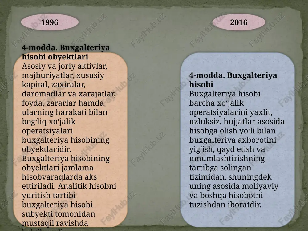 nazorat buxgalteriya hisobini yuritishda, moliyaviy va boshqa hisobotlarni tuzishda xo‘jalik operatsiyalarini amalga oshirishning qonuniyligini, iqtisodiy jihatdan maqsadga muvofiqligini, aktivlarning but saqlanishini ta’minlash, talon-toroj qilish hollari va xatoliklarning oldini olish hamda aniqlash maqsadida buxgalteriya hisobi subyektining rahbari tomonidan qabul qilingan hisob siyosati asosida tashkil etilgan chora-tadbirlar tizimidir. buxgalteriya hisobi subyekti ichki nazoratni tashkil etadi va amalga oshiradi 1996 2016 30-modda. buxgalterlarning jamoat birlashmalaribuxgalterlar umumiy manfaatlarini ifodalash va himoya qilish maqsadida qonunchilikda belgilangan tartibda buxgalterlarning jamoat birlashmalarini tuzish huquqiga ega 31-modda buxgalteriya hisobini tashkil etish, yuritish va hisobotni tuzish sohasidagi nizolar qonunchilikda belgilangan tartibda hal etiladi. mutloq yanggi moddalar 1996 o‘zbekiston respublikasining qonuni buxgalteriya hisobi to‘g‘risida o‘zbekiston respublikasi oliy majlisining axborotnomasi,1996-y., 9-son, 142-modda; o‘zbekiston respublikasi qonun hujjatlari to‘plami 2016 o‘zbekiston respublikasining qonuni “buxgalteriya hisobi to‘g‘risida”gi o‘zbekiston respublikasi qonuniga o‘zgartish va qo‘shimchalar kiritish haqida qonunchilik palatasi tomonidan 2016-yil 3-martda qabul qilingan senat tomonidan 2016-yil 31-martda ma’qullangan o‘zbekiston respublikasi qonun hujjatlari to‘plami, 2016-y., 15-son, …