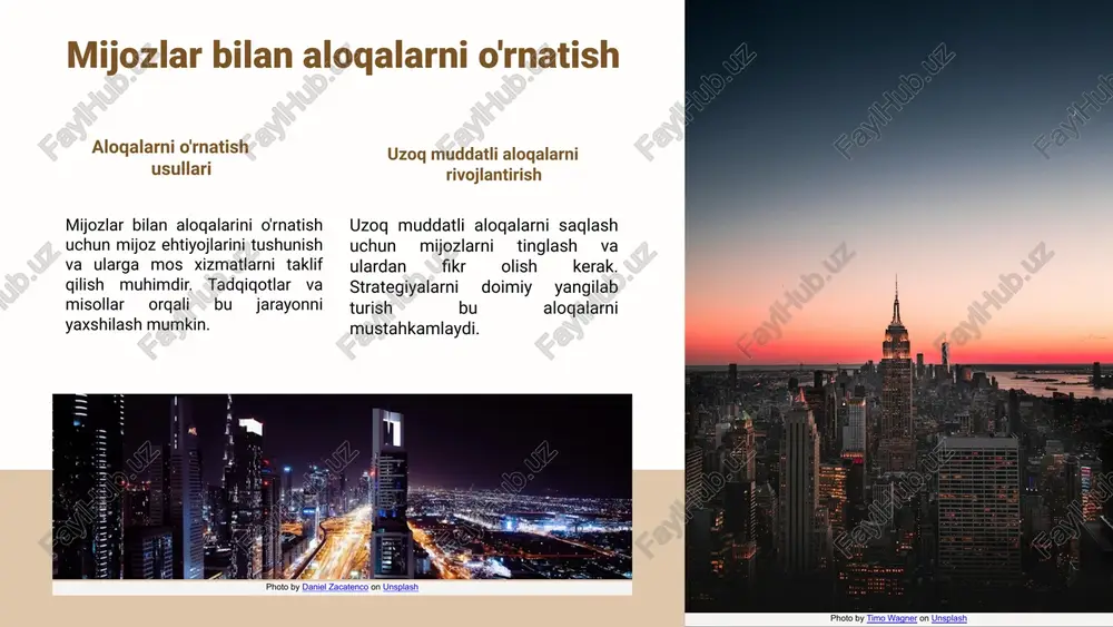 oq muddatli aloqalarni rivojlantiradi, brend obro'sini oshiradi va mijoz sadoqatini kuchaytiradi. tavsiyalar: mijozlarni yangiliklar bilan ta'minlash, ularning fikrlarini baholash va muammolarni tezkor hal qilish. 1 2 mijozlar bilan aloqalarni rivojlantirishning asosiy tamoyillari mijozlar bilan aloqalarni rivojlantirish bugungi biznesda muhim ahamiyatga ega. bu jarayon uzoq muddatli munosabatlarni shakllantirish, mijozlar bilan o'zaro ishonchni oshirish va samarali muloqot qilishni talab etadi. 1. mijoz bilan aloqalarni rivojlantirishning ahamiyati: mijozlar bilan mustahkam aloqalar biznes muvaffaqiyatining kalitidir, chunki ular mijozlarning sadoqatini oshiradi va mijozlar bazasini kengaytiradi. 2. uzoq muddatli aloqalarni shakllantirish: uzoq muddatli munosabatlar mijozlarning ehtiyojlari va istaklarini chuqurroq tushunishga yordam beradi, bu esa ularning qoniqishini ta'minlaydi. 3. mijozlar bilan o'zaro ishonchni oshirish: ishonchli munosabatlar mijozlarning biznesga bo'lgan ishonchini mustahkamlaydi, bu esa ularning doimiy mijozlarga aylanishiga olib keladi. 4. mijozlar bilan samarali muloqot qilinishi: samarali muloqot orqali mijozlar bilan bog'lanish, ularning fikrlarini tinglash va takliflarini qabul qilish biznesning o'sishiga yordam beradi. mijozlarni anglash va ularga moslashish …