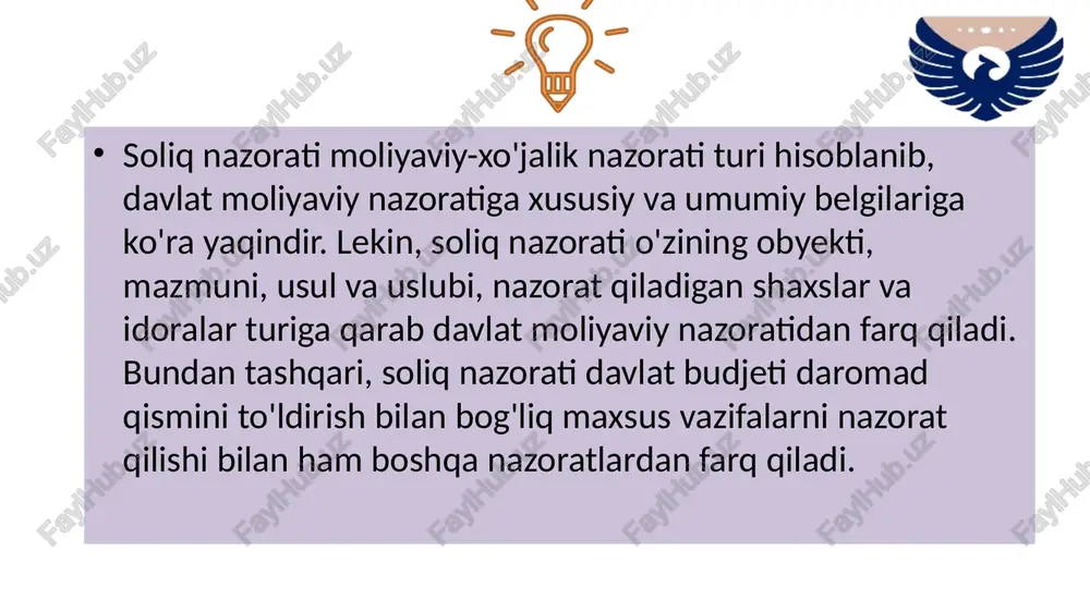 (rahbar o‘rinbosarining) buyrug‘isiz amalga oshiriladi. agar tekshiruvdan oldingi tahlil chog‘ida soliq organi tomonidan taqdim etilgan soliq hisobotida soliq organida mavjud bo‘lgan ma’lumotlar bilan tafovutlar va (yoki) xatolar aniqlansa, soliq to‘lovchiga soliq to‘lovchining shaxsiy kabineti orqali soliq hisobotiga tegishli tuzatishlar kiritish to‘g‘risidagi xabarnoma yuboriladi. soliq to‘lovchi ko‘rsatilgan xabarnomani olgan kundan e’tiboran o‘n kun muddatda aniqlashtirilgan soliq hisobotini yoki aniqlangan tafovutlarning asosnomasini taqdim etishi shart.(bunday majburiyatning bajarilmaganligi soliq organi tomonidan soliq to‘lovchida kameral soliq tekshiruvini tayinlash uchun asos bo‘ladi). tekshiruvdan oldingi tahlil aniqlashtirilgan soliq hisoboti yoki aniqlangan tafovutlar asosnomasi soliq to‘lovchi tomonidan taqdim etilgan yoxud kameral soliq tekshiruvi tayinlagan sanadan e’tiboran yakunlangan hisoblanadi. kameral soliq tekshiruvi soliq organi rahbarining (rahbari o‘rinbosarining) buyrug‘i asosida o‘tkaziladi. buyruqda quidagilar mavjud buladi; 1. soliq to‘lovchining nomi va identifikatsiya raqami. 2. tekshiruvchi shaxslarning familiyasi, ismi, otasining ismi va lavozimi 3. tekshiruvni o‘tkazish muddatlari 4. tekshirilayotgan davr. 5. tekshirilayotgan soliqlar va yig‘imlarning turlari ko‘rsatiladi. vaziyatli savol? agar soliq …