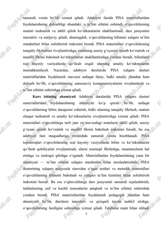 im sifatini oshirish; · pisa materiallaridan foydalanish orqali o‘quvchilarning global kompetensiyalarini rivojlantirish va ularni xalqaro ta’lim standartlariga moslashtirish. mavzuning obyekti adabiyot darslarida o‘quvchilarning o‘qish ko‘nikmalari, matnni tushunish va tahlil qilish jarayonlari hamda tanqidiy fikrlashni rivojlantirishdir. mavzuning predmeti pisa xalqaro dasturi materiallarining adabiyot darslarida qo‘llanishi va ularning pedagogik samaradorligi, o‘quvchilarning matnni tushunish, fikrini asoslash va amaliy ko‘nikmalarini shakllantirishdagi roli hisoblanadi. ushbu kurs ishining tarkibiy tuzilishi kirish ikki asosiy bob 5 paragraf xulosa va foydalanilgan adabiyotlardan iborat. i bob adabiyot ta’limida pisa materiallarining o‘rni 1.1 pisa testlarida o‘qish va matn tushunish ko‘nikmalari pisa (programme for international student assessment) dasturi o‘quvchilarning faqatgina faktlarni eslab qolish qobiliyatini emas, balki ularning matnni chuqur tushunish, tahlil qilish va real hayotiy vaziyatlarda bilimlarni qo‘llash ko‘nikmalarini baholashga qaratilgan. o‘qish va matn tushunish ko‘nikmalari pisa testlarining markaziy elementi bo‘lib, ular o‘quvchidan matnni o‘qib, uning mazmunini anglash, asosiy g‘oyalarni ajratib ko‘rsatish, muallif fikrini tahlil qilish va turli kontekstlarda qo‘llashni talab …