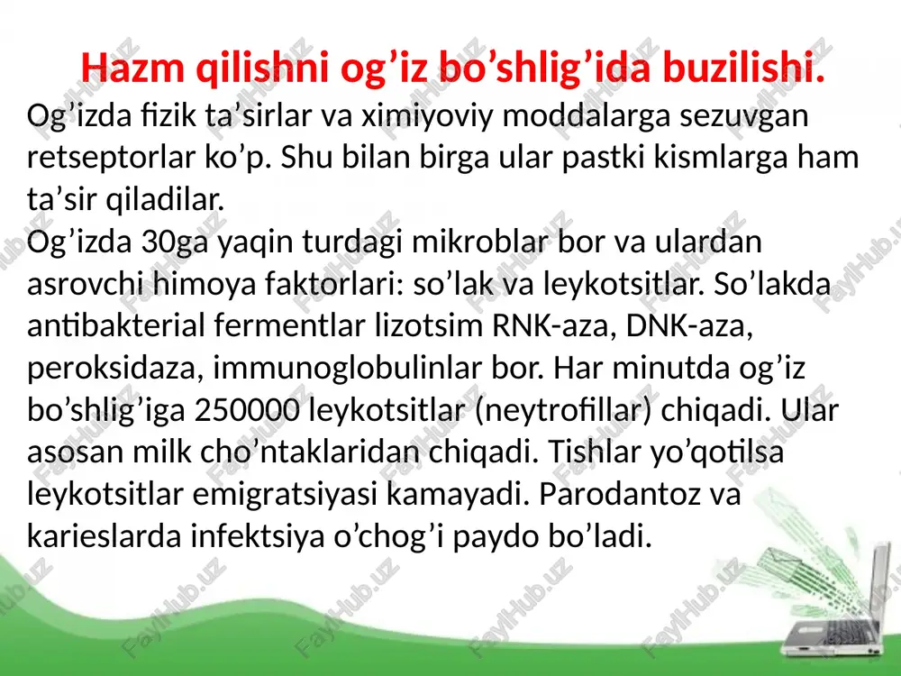g gipoksiyasi yotadi. bu gipoksiya ikki xil yo’l bilan kelib chiqadi: 1.bir tomondan jigar hujayralarida metobo­lik jarayonlar kuchli bo’lgani uchun gepatotsitlarni kislorodga extiyoji ko’pdir; 2. ikkinchidan gipoksiya eritrotsitlarni shikastlanishi xisobiga yuzaga keladi. chunki jigar kasallarida eritrotsitlarni tarkibidagi glutationni miqdori kamaygani uchun uni sorbtsion xususiyatlari pasaya­di va membranalarini osmotik chidamliligi ortadi va natijada eritro­tsitlarni funksional etishmovchiligi kelib chiqadi. jigar shikastlanishining ko’rinishlari. o’tkir kechuvchi jarayonlar orasida ko’pincha goh distrofik, goh yal­lig’lanish hodisalari ustunlik qiladigan diffuz shikastlanishning turli shakllari uchraydi. 1. gepatozlar - jigarni distrofik o’zgarishlari bo’lib moddalar al­mashinuvini birlamchi buzilishi bilan harakterlanadi. morfologik ko’ri­nishida distrofik o’zgarishlar bo’ladi, lekin mezinxima hujayralarida ko’zga ko’rinarli o’zgarishlar bo’lmaydi. masalan: yog’lar, xolesterinlar, pigmentlar, oqsillar almashinuvini buzilishidan kelib chiqadigan gepa­tozlar. geliotrin alkoloidi ta’sirida oldin gepatoz, keyin gepatit va sirroz rivojlanadi. 2. gepatitlar har-xil etiologik omillar ta’sirida vujudga kelib o’tkir yoki surunkali formalarda o’tadi. vujudga kelishiga qarab gepa­titlar birlamchi va ikkilamchi bo’ladi. birlamchi gepatit alohida ka­sallik bo’lib, gepatotrop virus, …