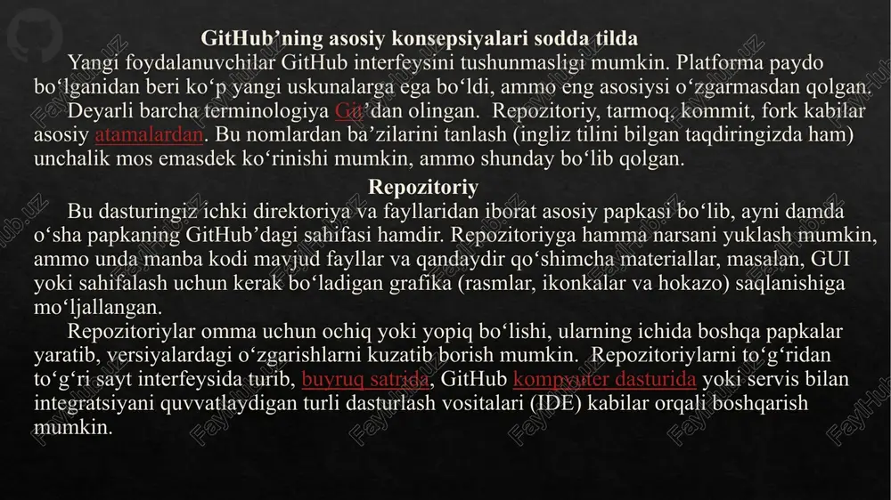 ranch_nomi yoki bularni bir qatorda yozish ham mumkin: git checkout -b yangi_branch_nomi so‘ng github’ga yuklash uchun: git push -u origin yangi_branch_nomi githubda branch strategiyasi xulosa: github dastlab murakkab ko‘ringani bilan, aslida juda qulay va foydali vositadir. (boshqacha aytadigan boʻlsak, har bir dasturchi hayoti davomida avval sanchqida yeyishni oʻrganadi, keyin github repozitoriylarni forklaydi) github — dasturlash tili yoki yo‘nalishidan qat’i nazar, har bir mutaxassis uchun eng muhim umumiy ko‘nikmalardan biridir. ba’zan oddiygina git clone buyrug‘i sizning loyihangizni yoki hatto mehnatingizni saqlab qoladi. shuning uchun kodlaringizning zaxira nusxalarini saqlash va tajriba uchun github’dan foydalanishni imkon qadar erta boshlang. bu tez orada foydali, hatto zarur odatga aylanadi. e’tiboringiz uchun rahmat! image1.jpeg image6.png image7.png image8.png image9.png image10.png image11.png image12.png image13.png image14.jpeg /docprops/thumbnail.jpeg